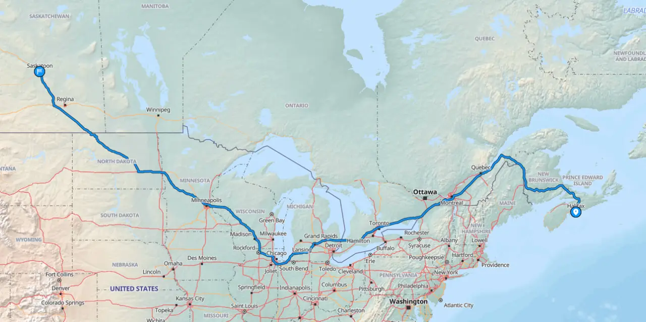 Map showing vehicle route from Halifax to Saskatoon