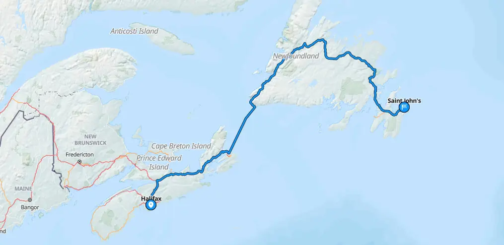 Map showing shipping route from Halifax to St. John’s