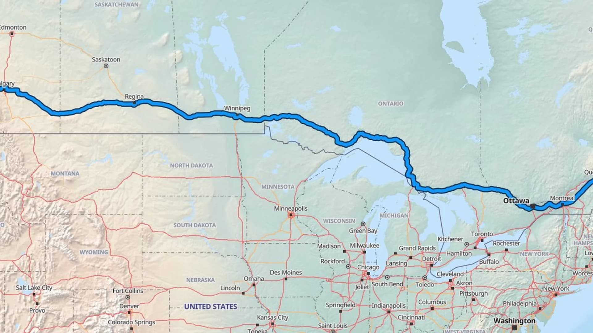 Map showing the Halifax to Surrey car shipping route across six Canadian provinces