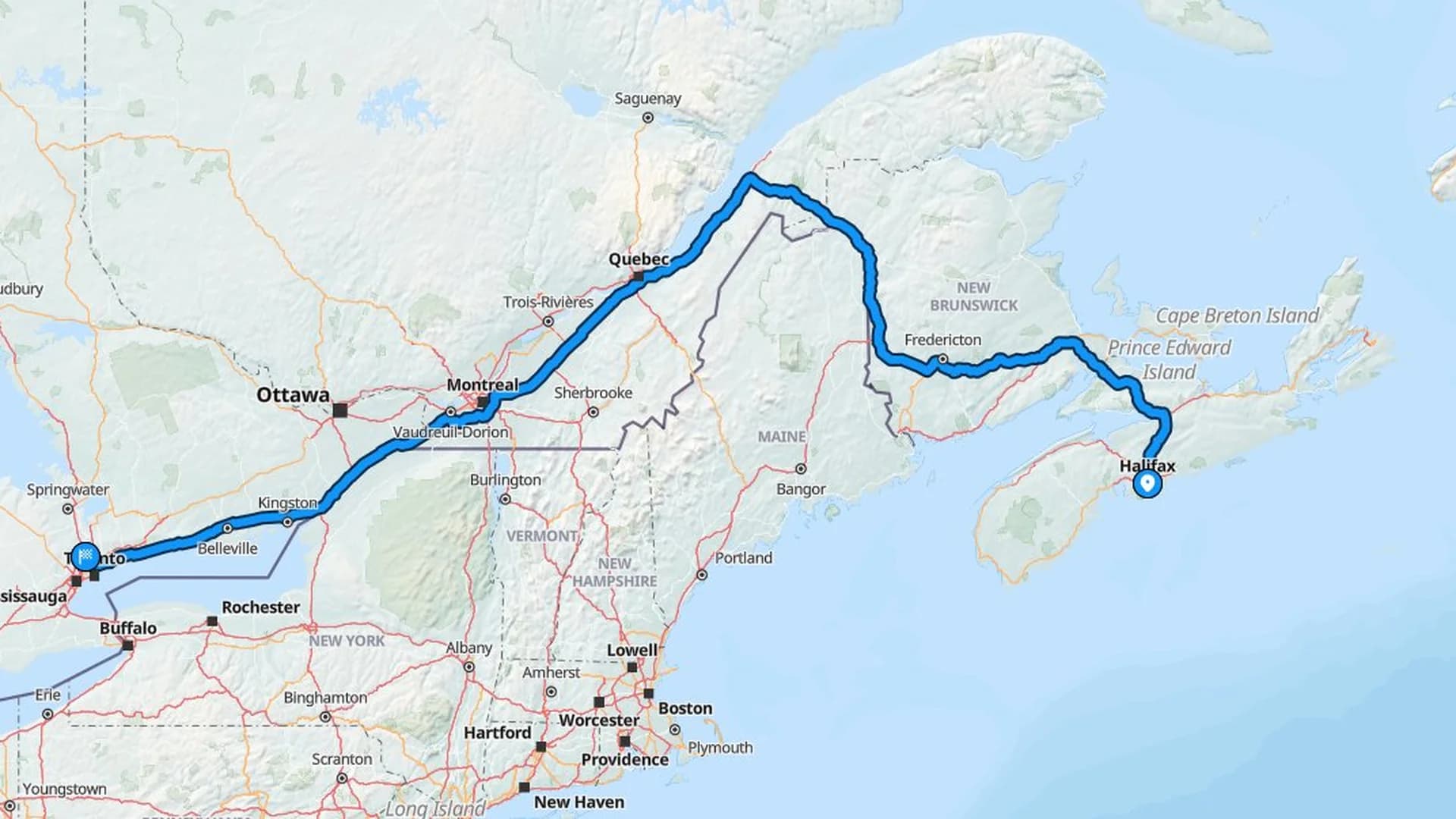 Map showing the Halifax to Vaughan car shipping route across four Canadian provinces