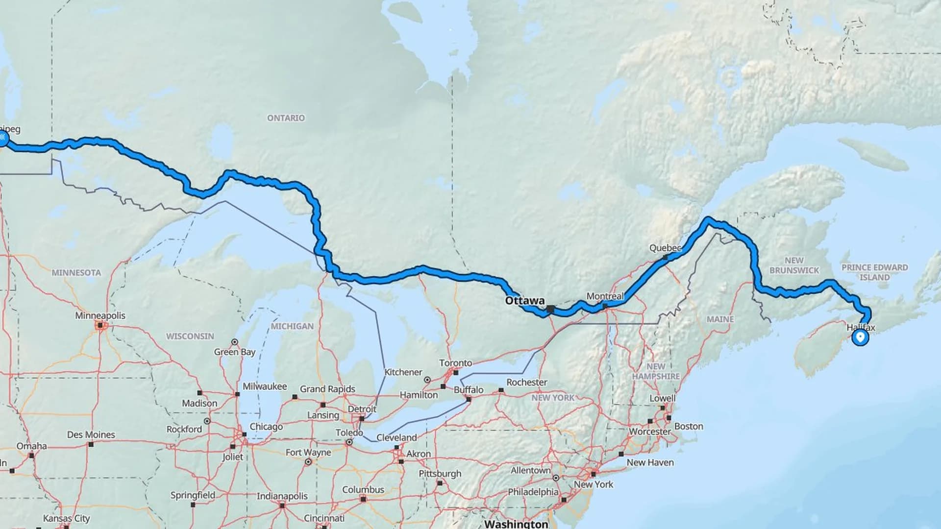 Map showing the Halifax to Winnipeg car shipping route across five Canadian provinces
