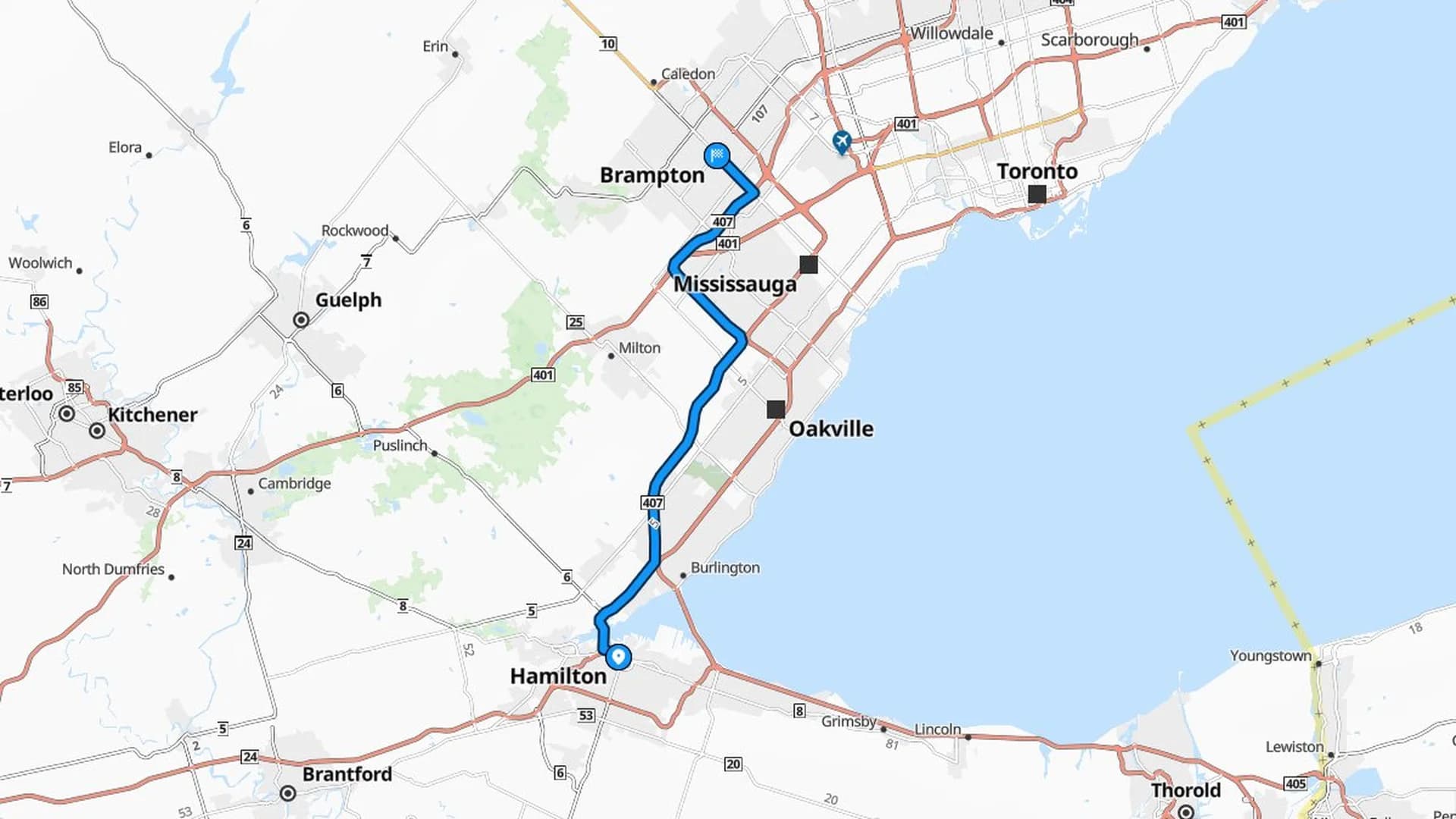 Map showing the Hamilton to Brampton car shipping route through Ontario