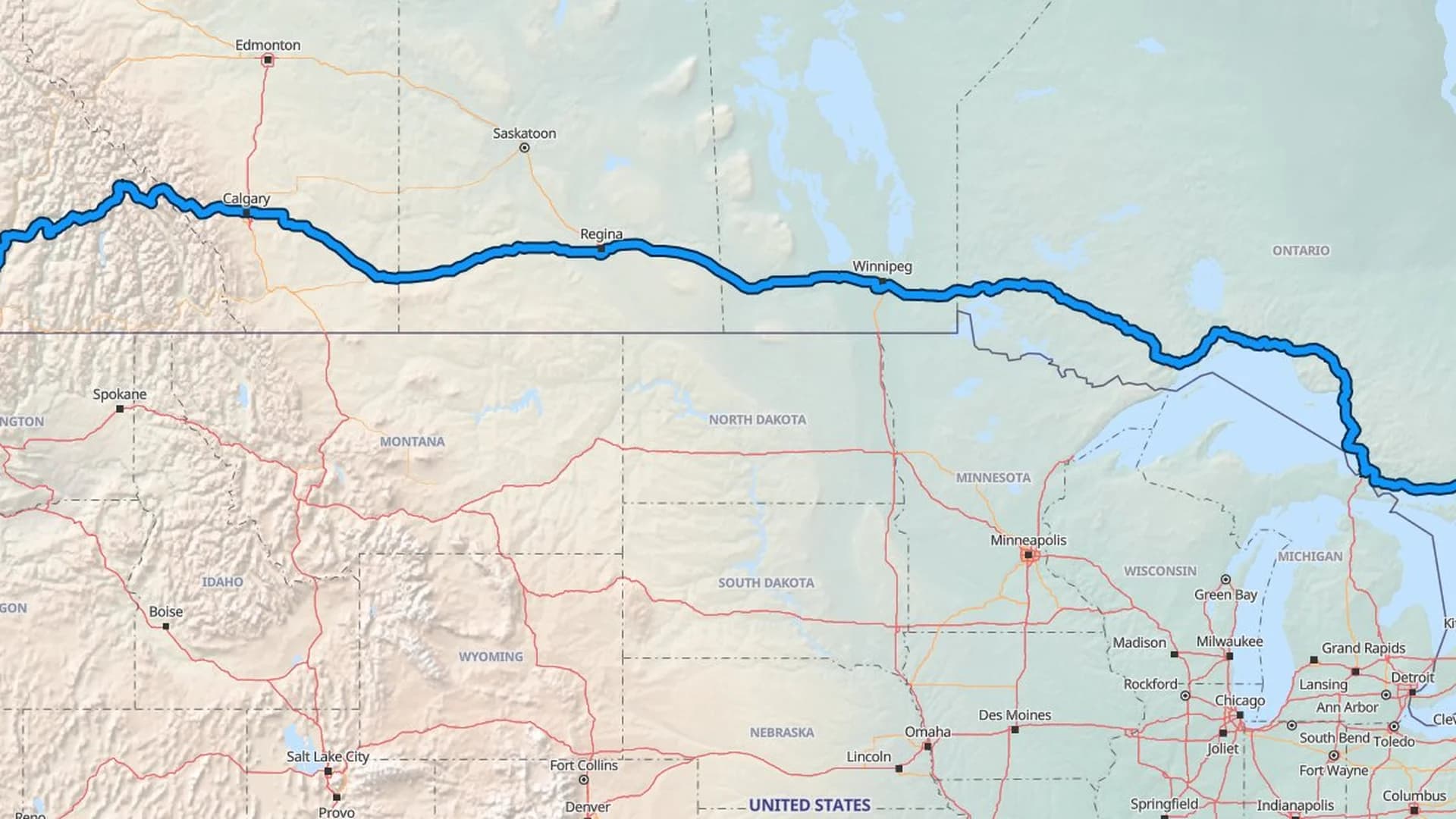 Map showing the Hamilton to Burnaby car shipping route across five Canadian provinces