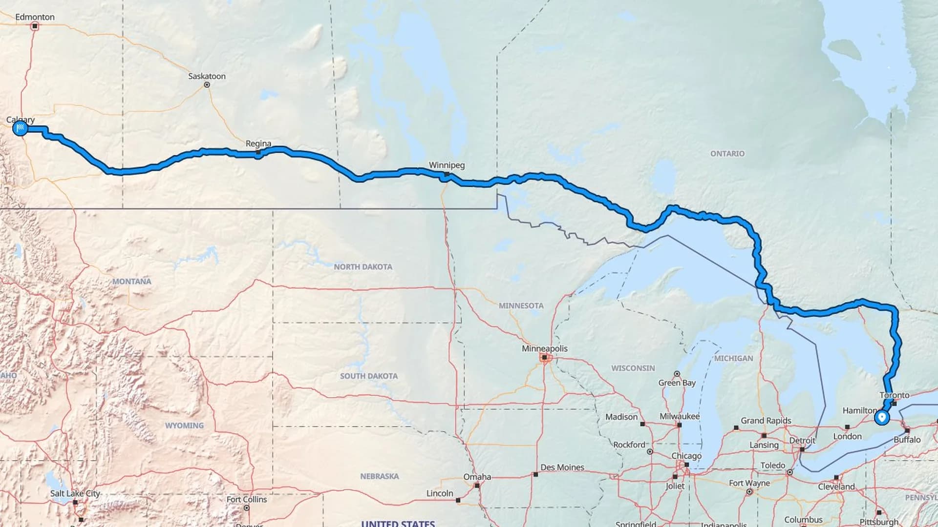Map showing the Hamilton to Calgary car shipping route across four Canadian provinces