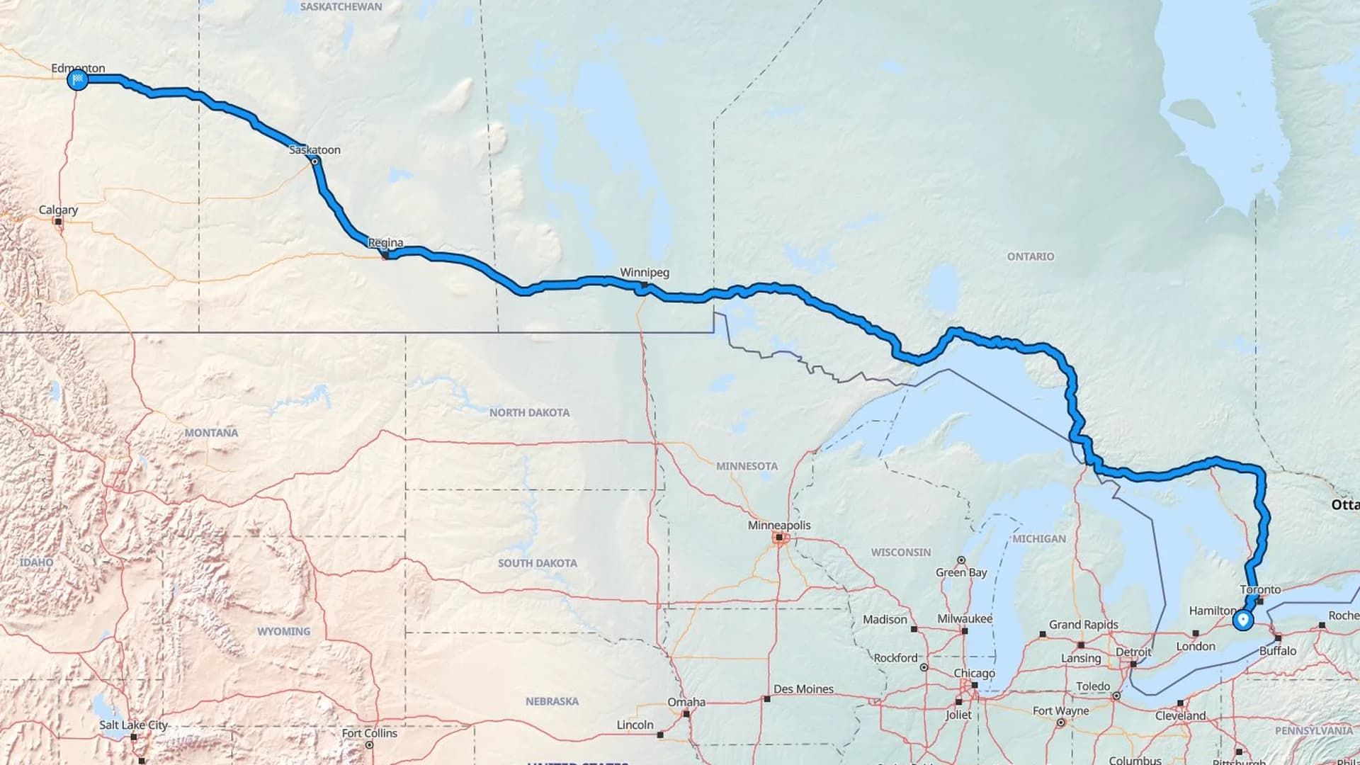 Map showing the Hamilton to Edmonton car shipping route across four Canadian provinces