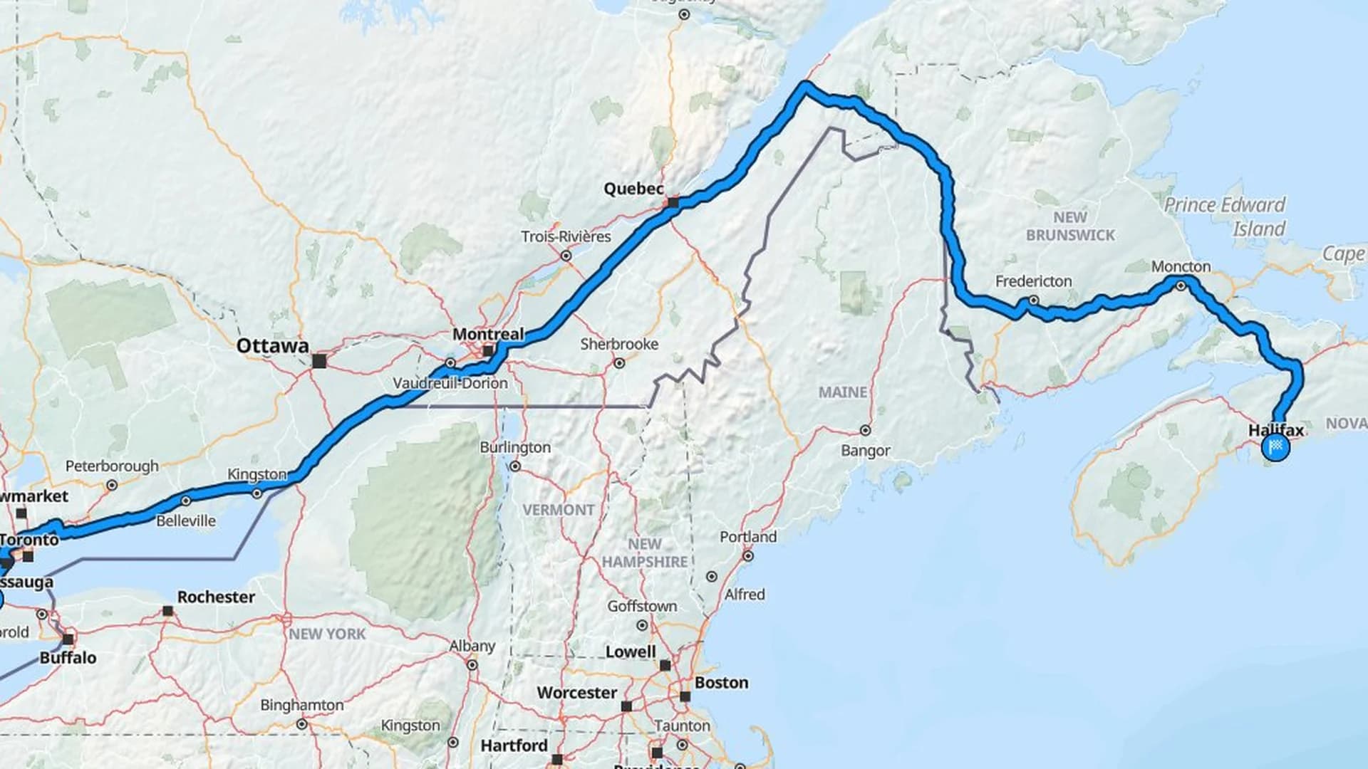 Map showing the Hamilton to Halifax car shipping route across four Canadian provinces