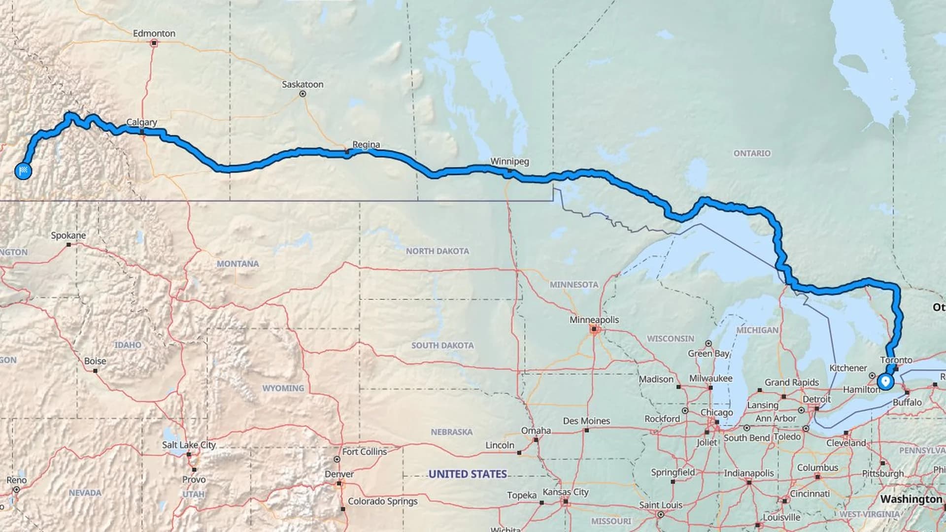 Map showing the Hamilton to Kelowna car shipping route across five Canadian provinces