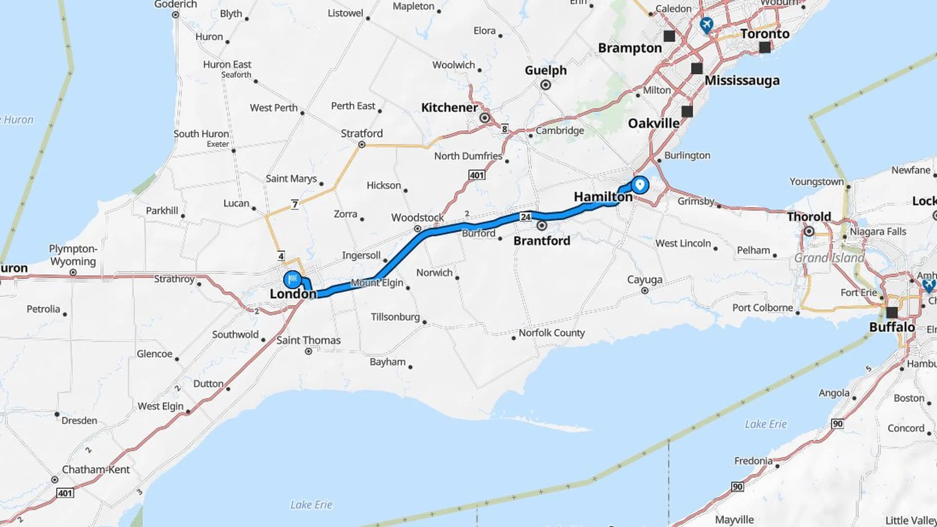 Map showing the Hamilton to London car shipping route through southwestern Ontario