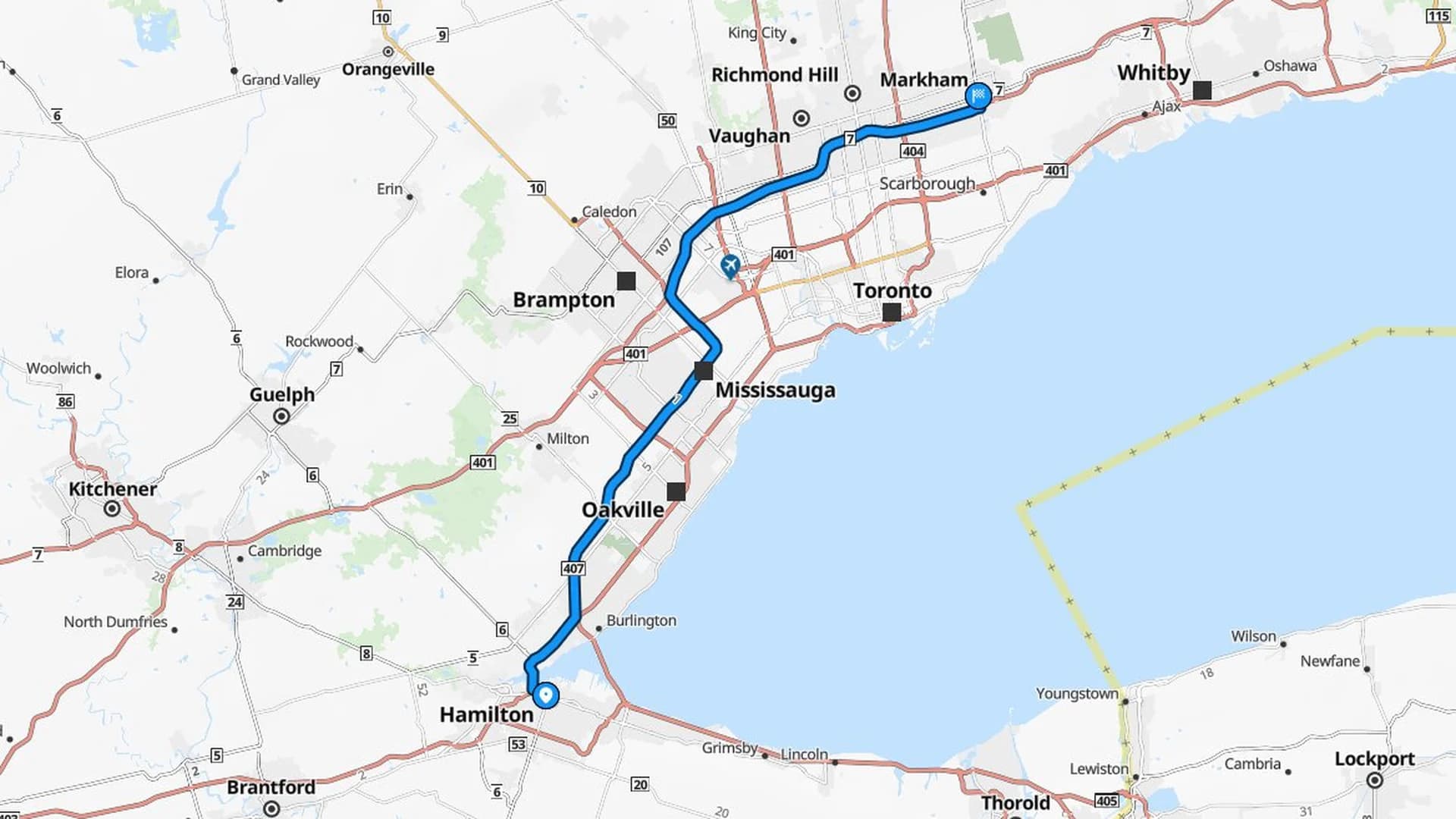 Map showing the Hamilton to Markham car shipping route through the Greater Toronto Area