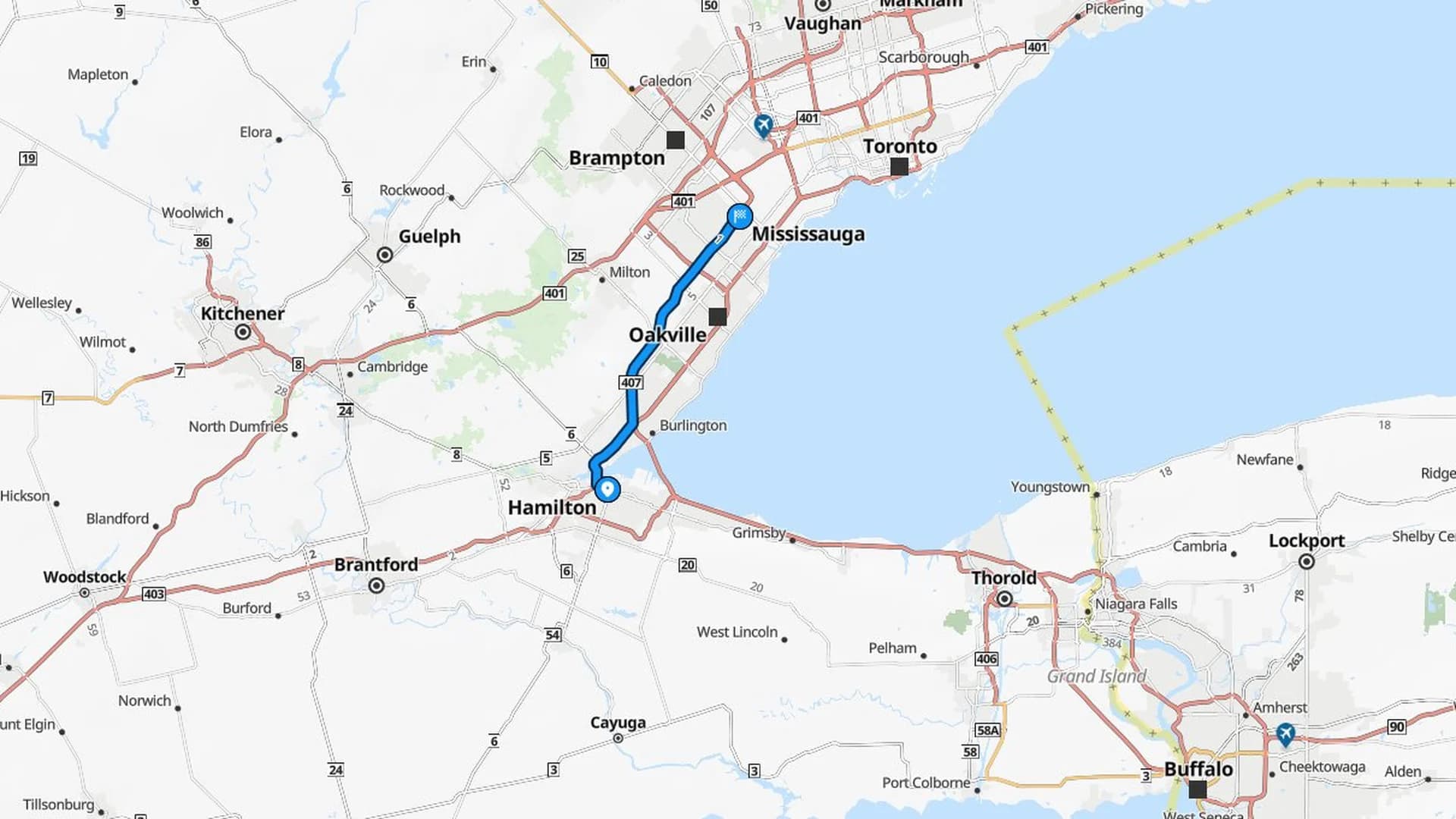 Map showing the Hamilton to Mississauga car shipping route along the QEW corridor