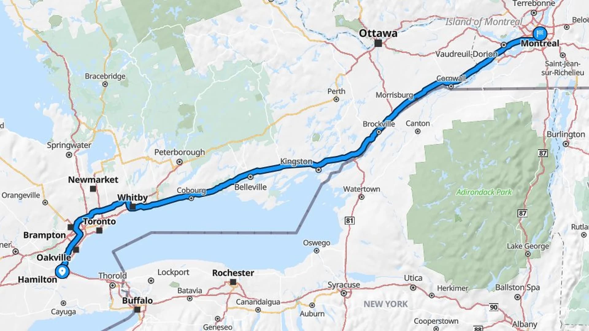 Map showing the Hamilton to Montreal car shipping route via the 401 and Autoroute 20