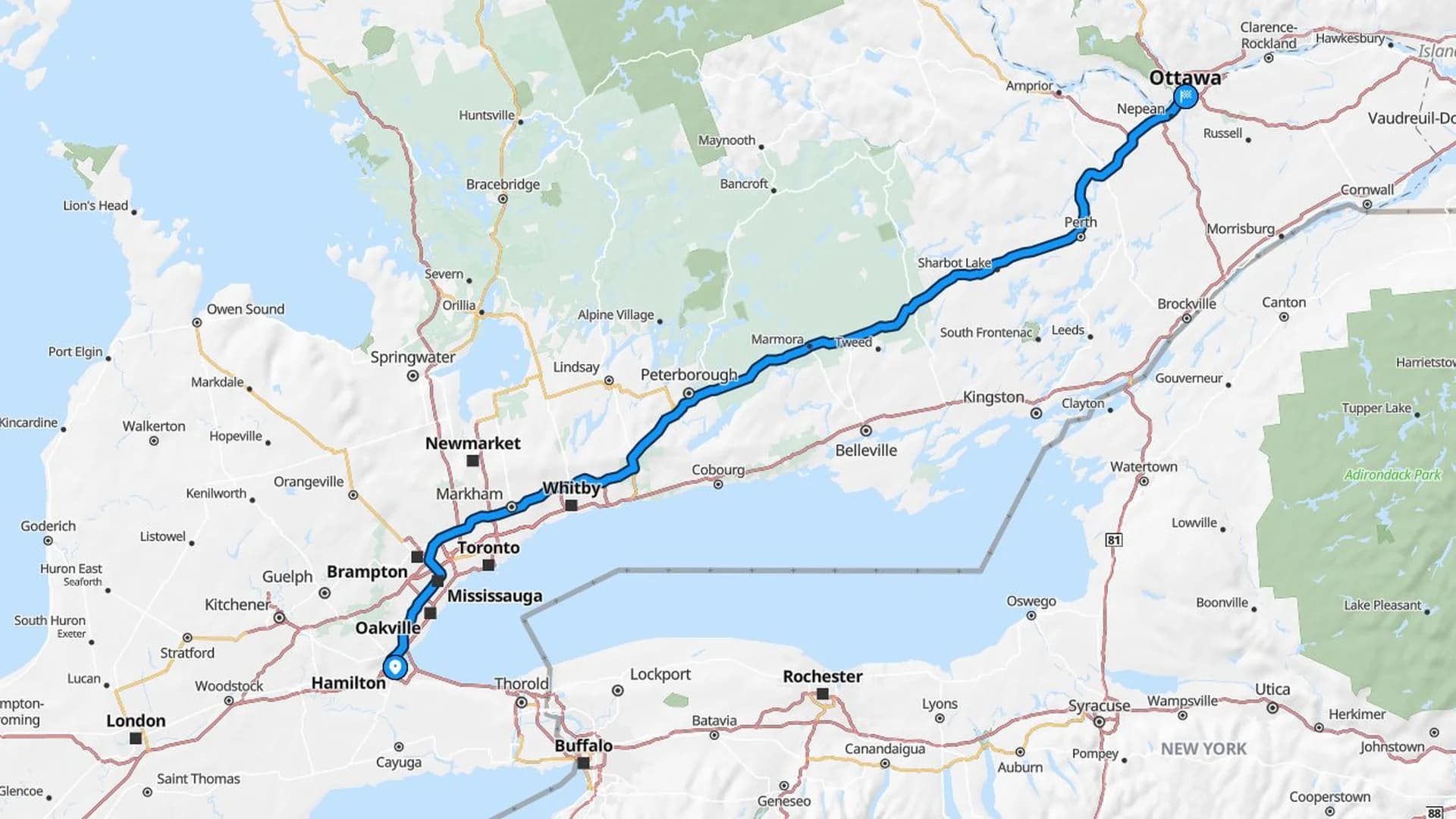 Map showing the Hamilton to Ottawa car shipping route through southern Ontario