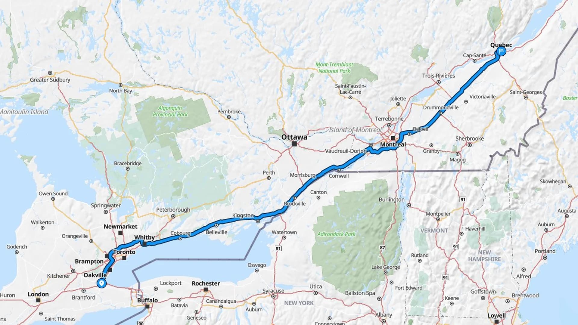 Map showing the Hamilton to Quebec City car shipping route across Ontario and Quebec