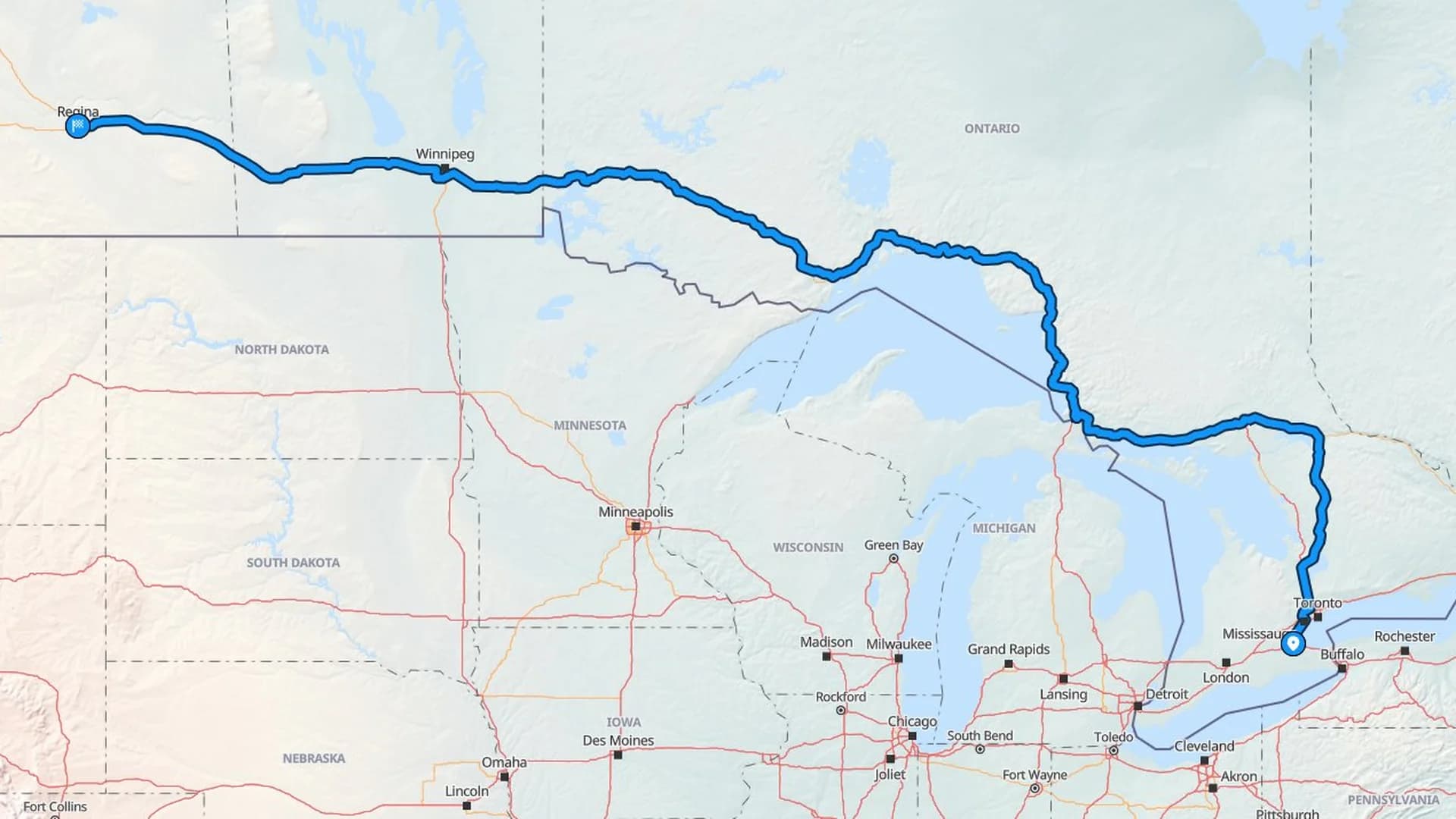 Map showing the Hamilton to Regina car shipping route across three Canadian provinces