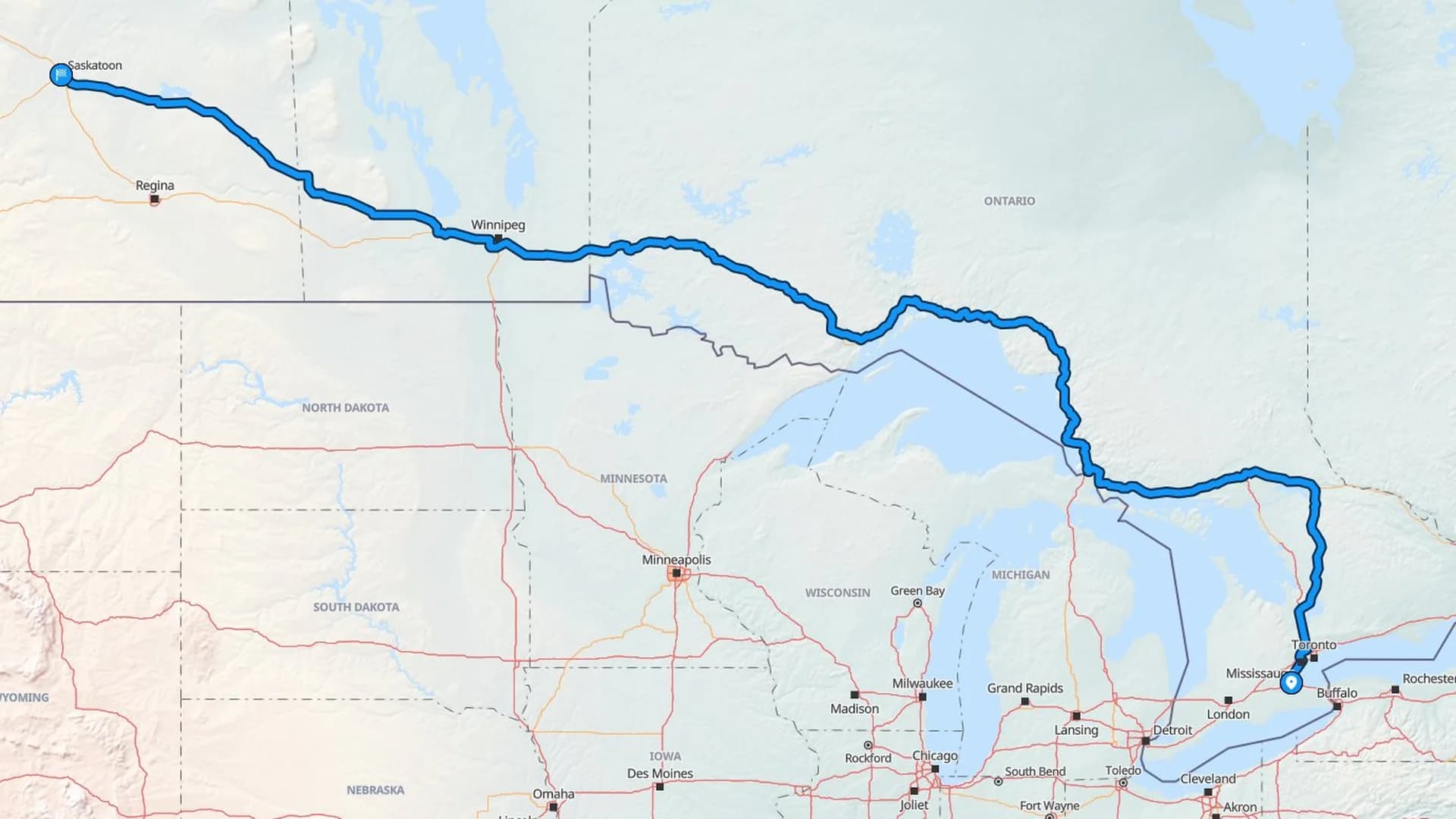 Map showing the Hamilton to Saskatoon car shipping route across Ontario, Manitoba, and Saskatchewan