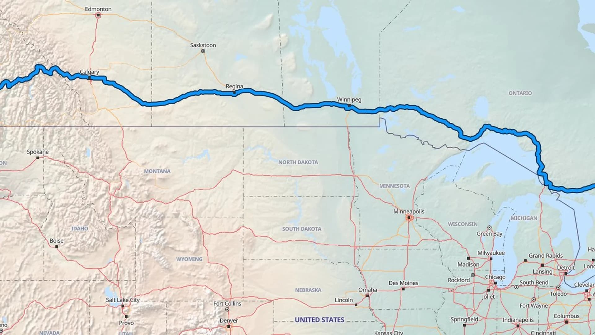 Map showing the Hamilton to Surrey car shipping route across six Canadian provinces