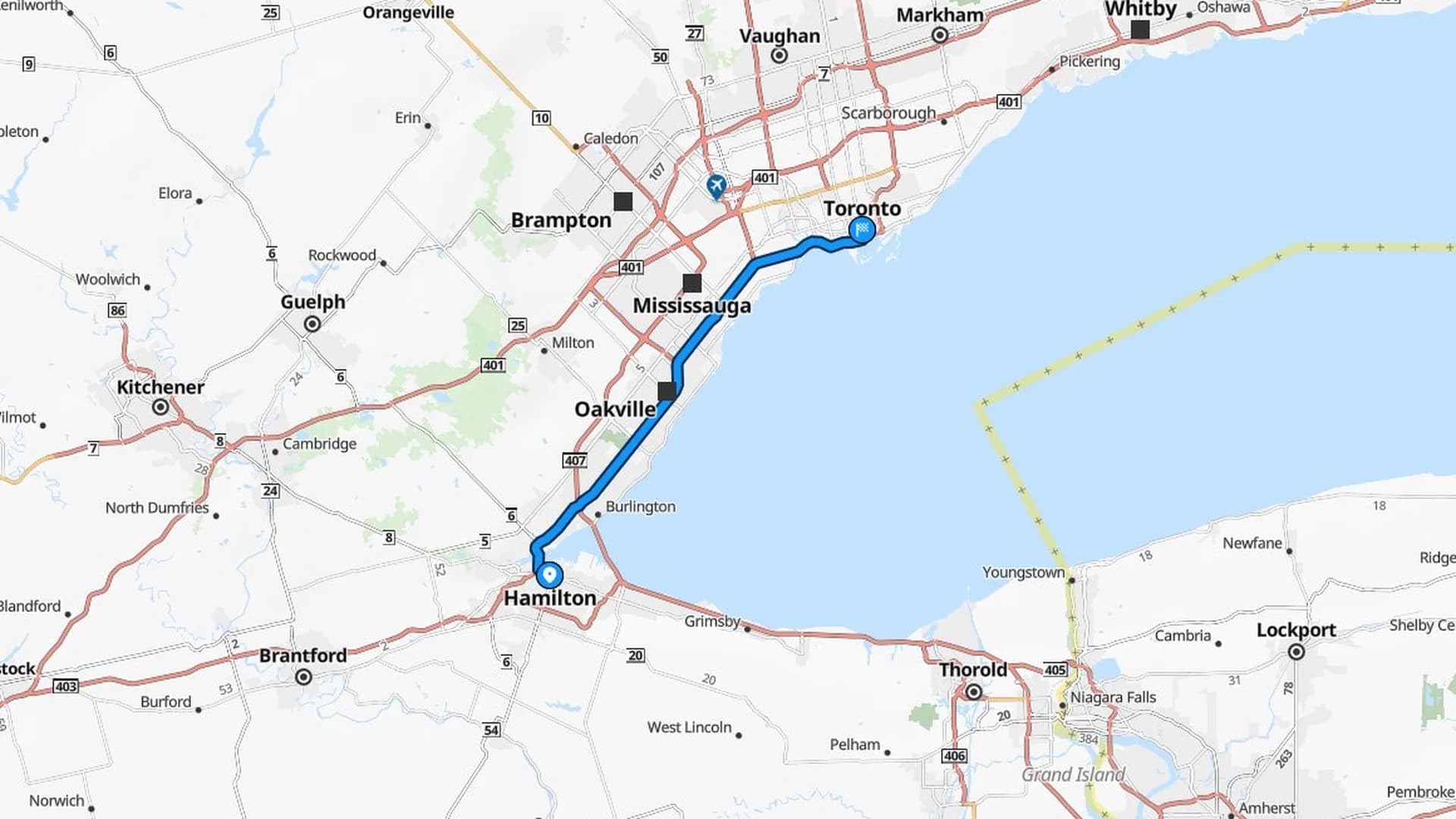 Map showing the Hamilton to Toronto car shipping route along the QEW corridor