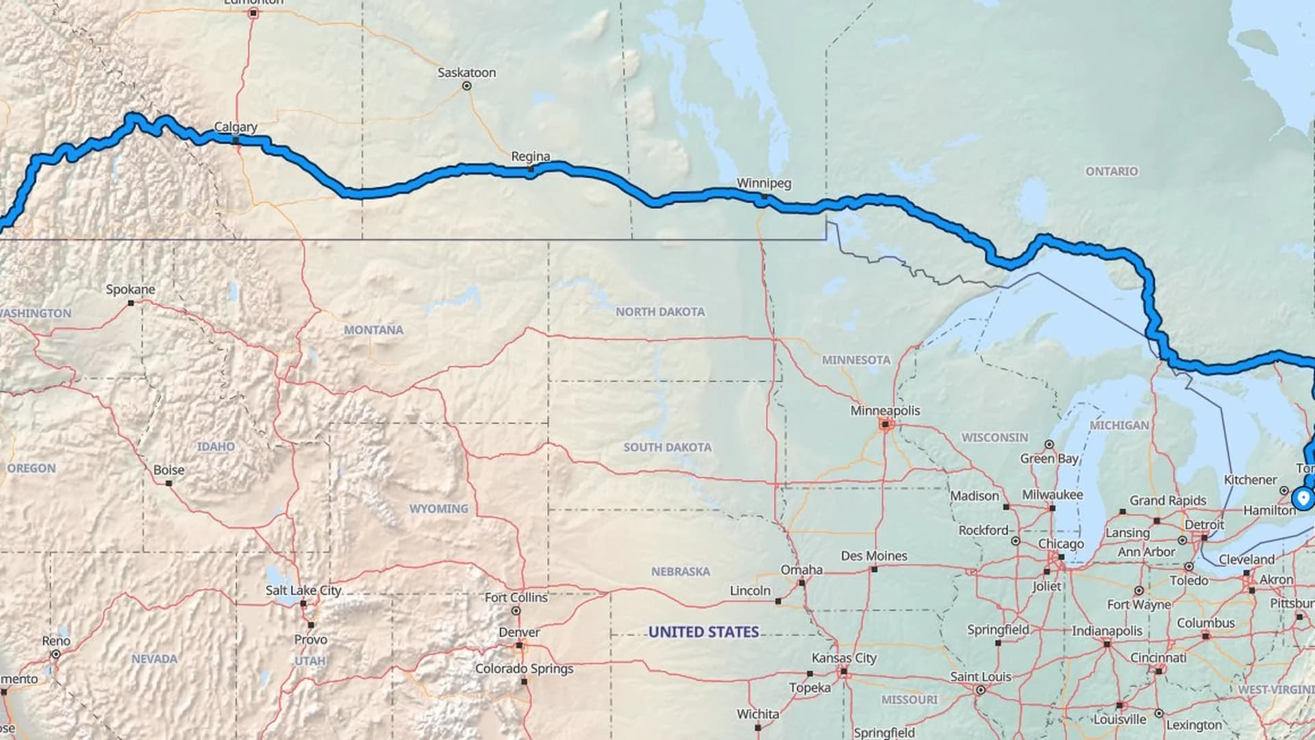 Map showing the Hamilton to Vancouver car shipping route across five Canadian provinces