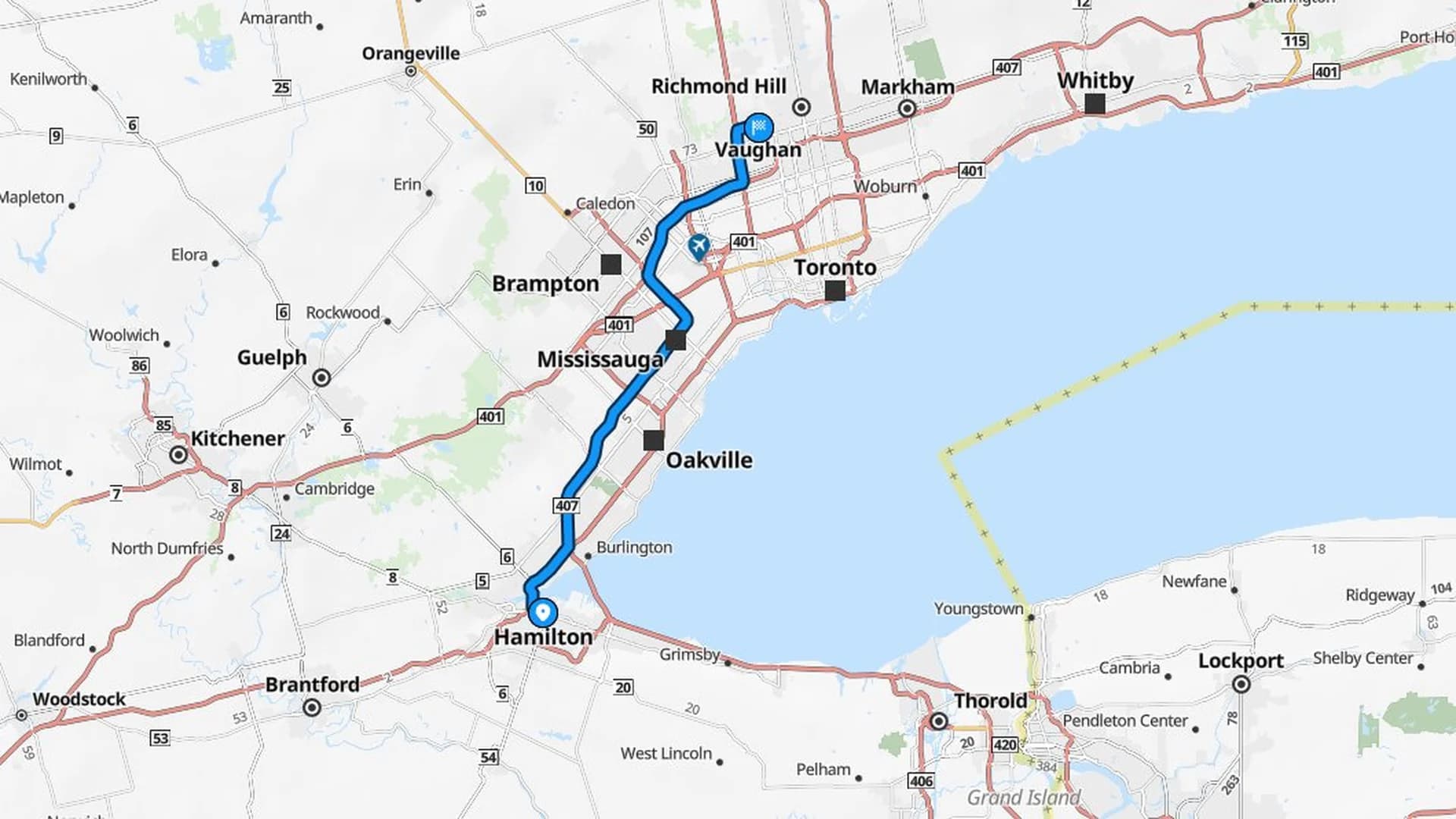 Map showing the Hamilton to Vaughan car shipping route through the Greater Toronto Area