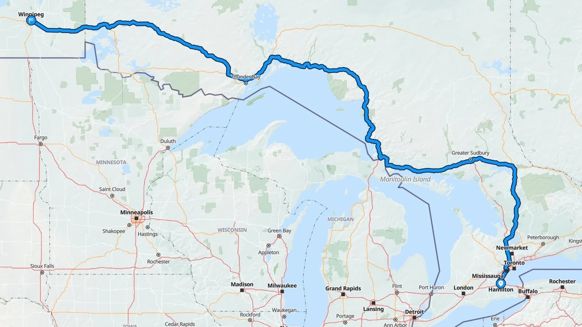 Map showing the Hamilton to Winnipeg car shipping route across Ontario and Manitoba