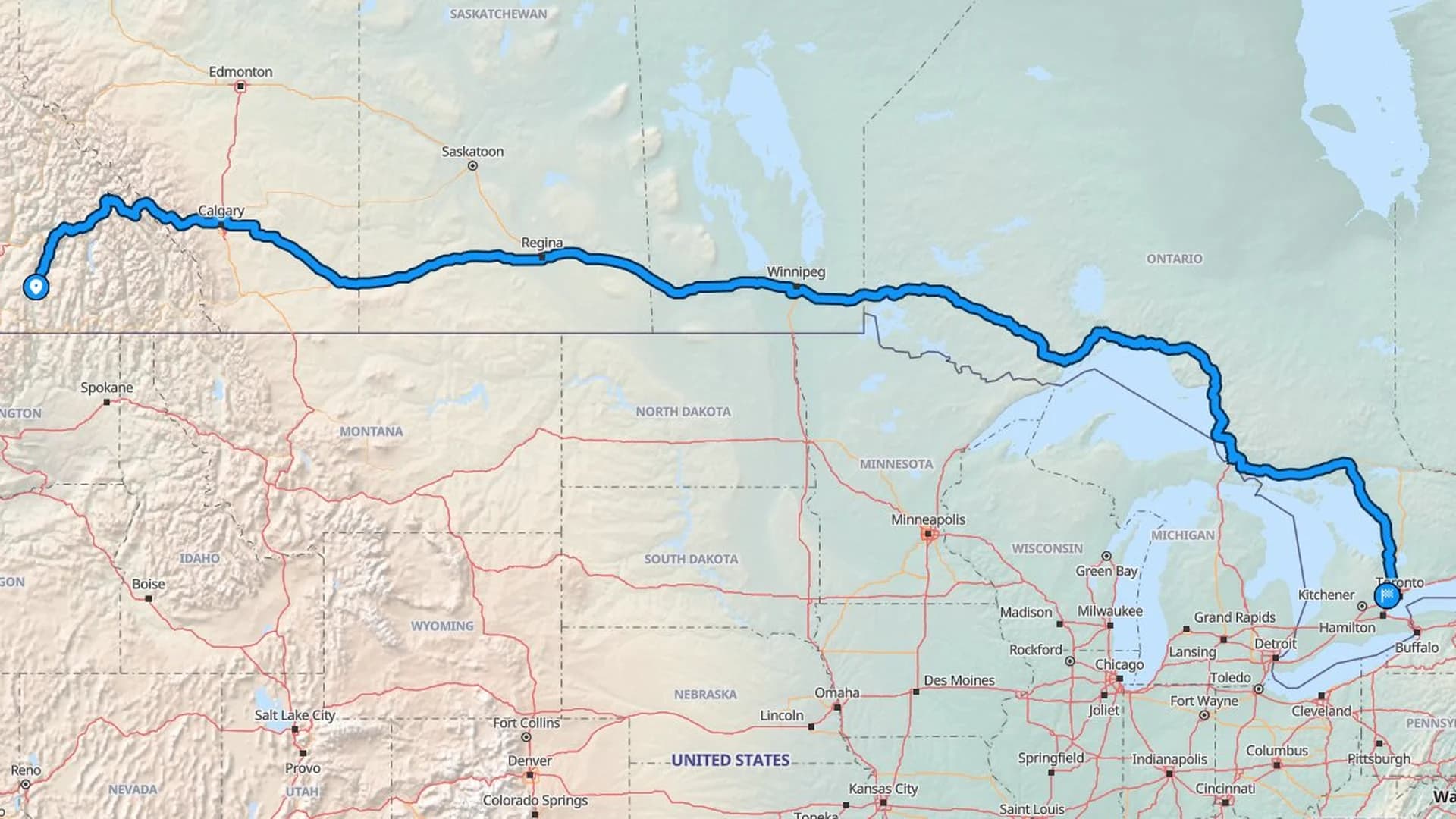 Map showing the Kelowna to Brampton car shipping route across four Canadian provinces