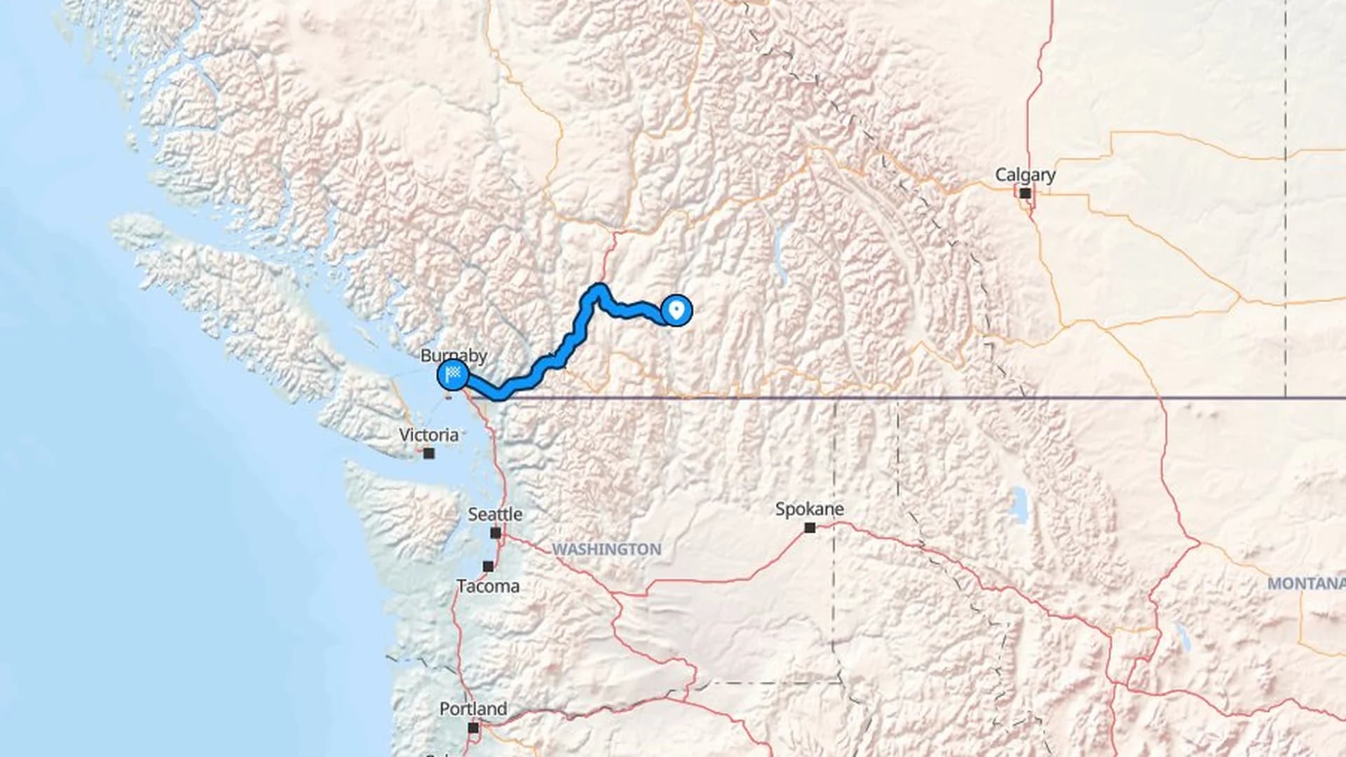 Map showing the Kelowna to Burnaby car shipping route through the Coquihalla and Fraser Valley