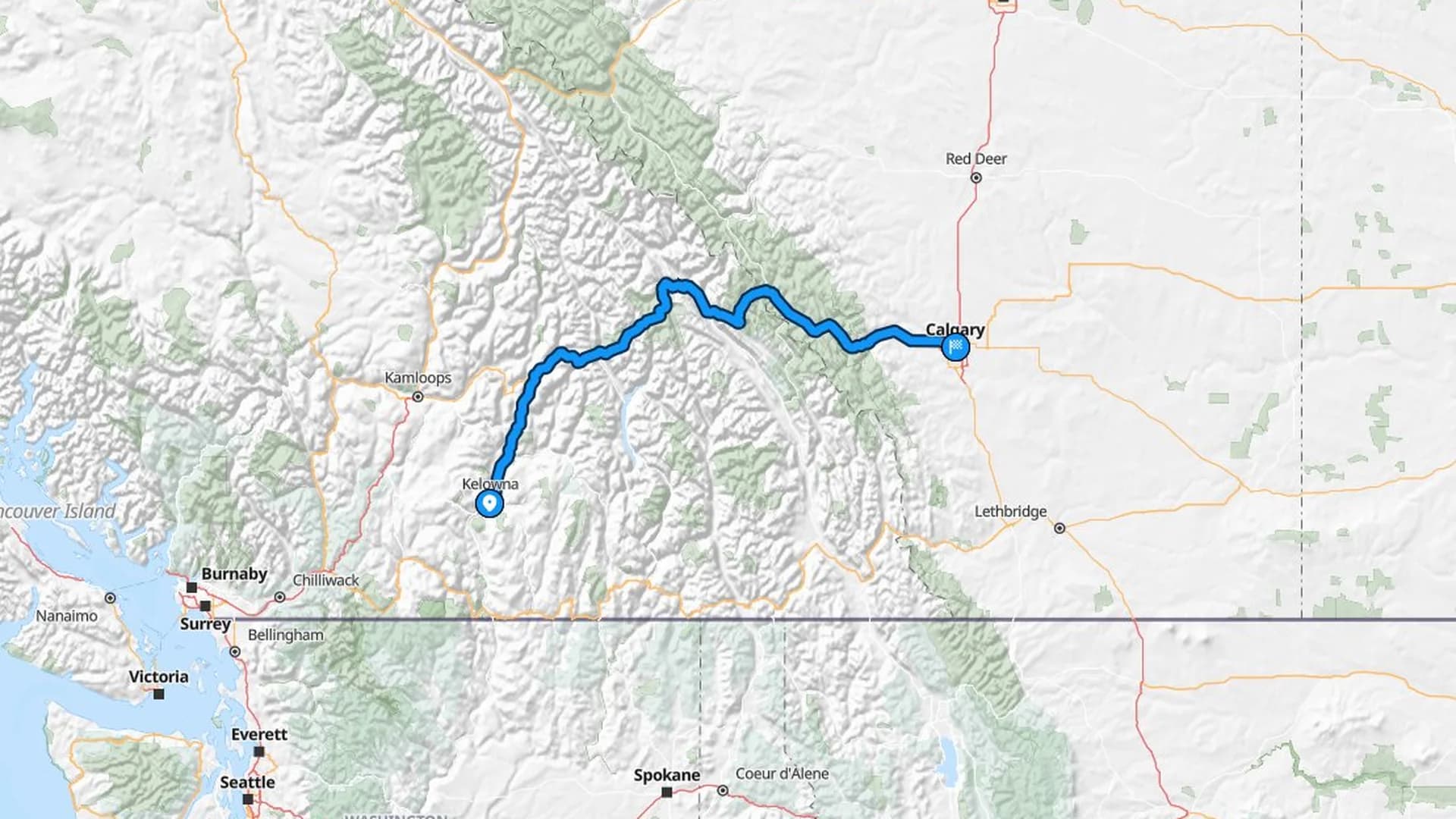 Map showing the Kelowna to Calgary car shipping route through Rogers Pass and Kicking Horse
