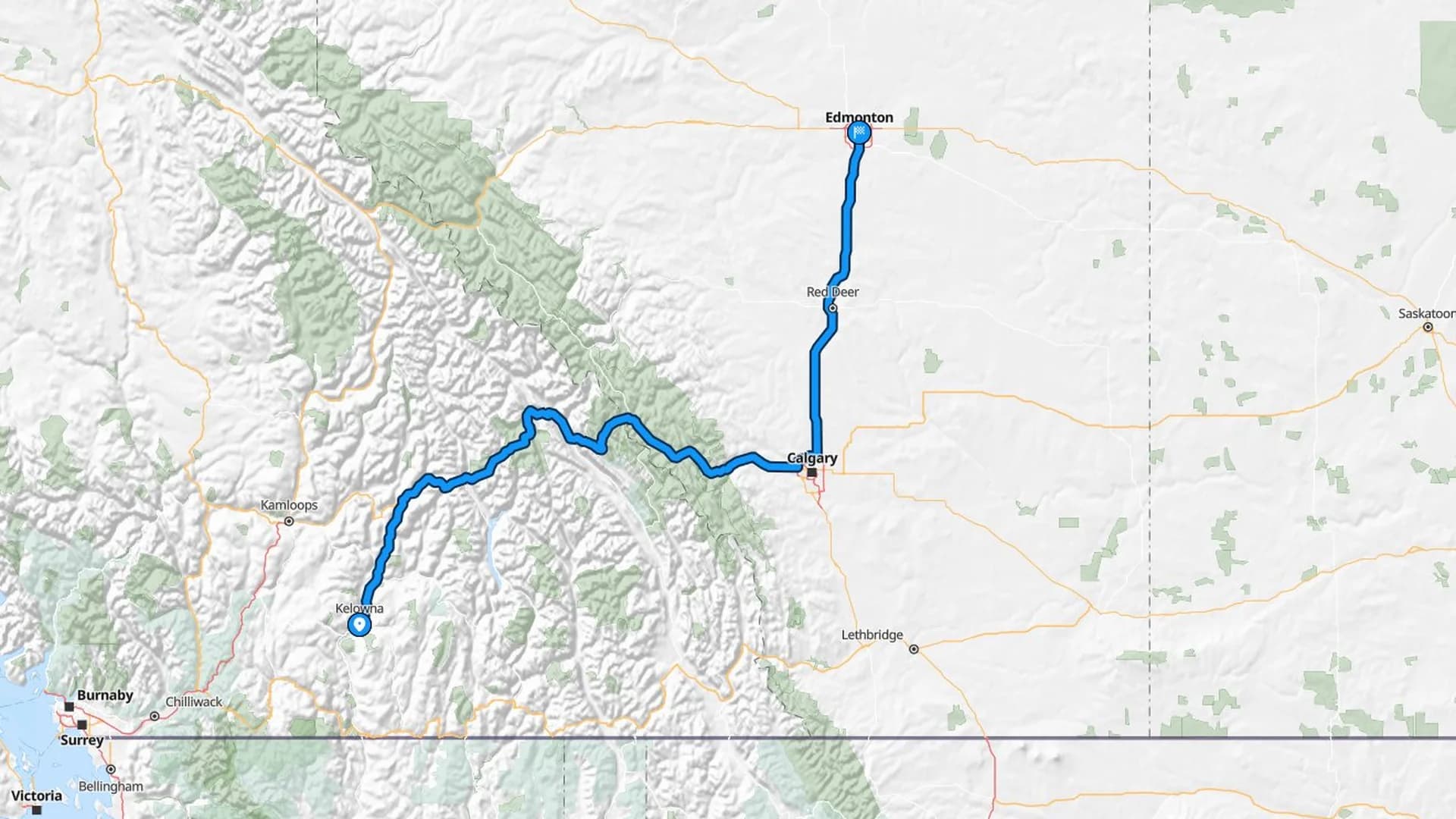 Map showing the Kelowna to Edmonton car shipping route through the Yellowhead corridor