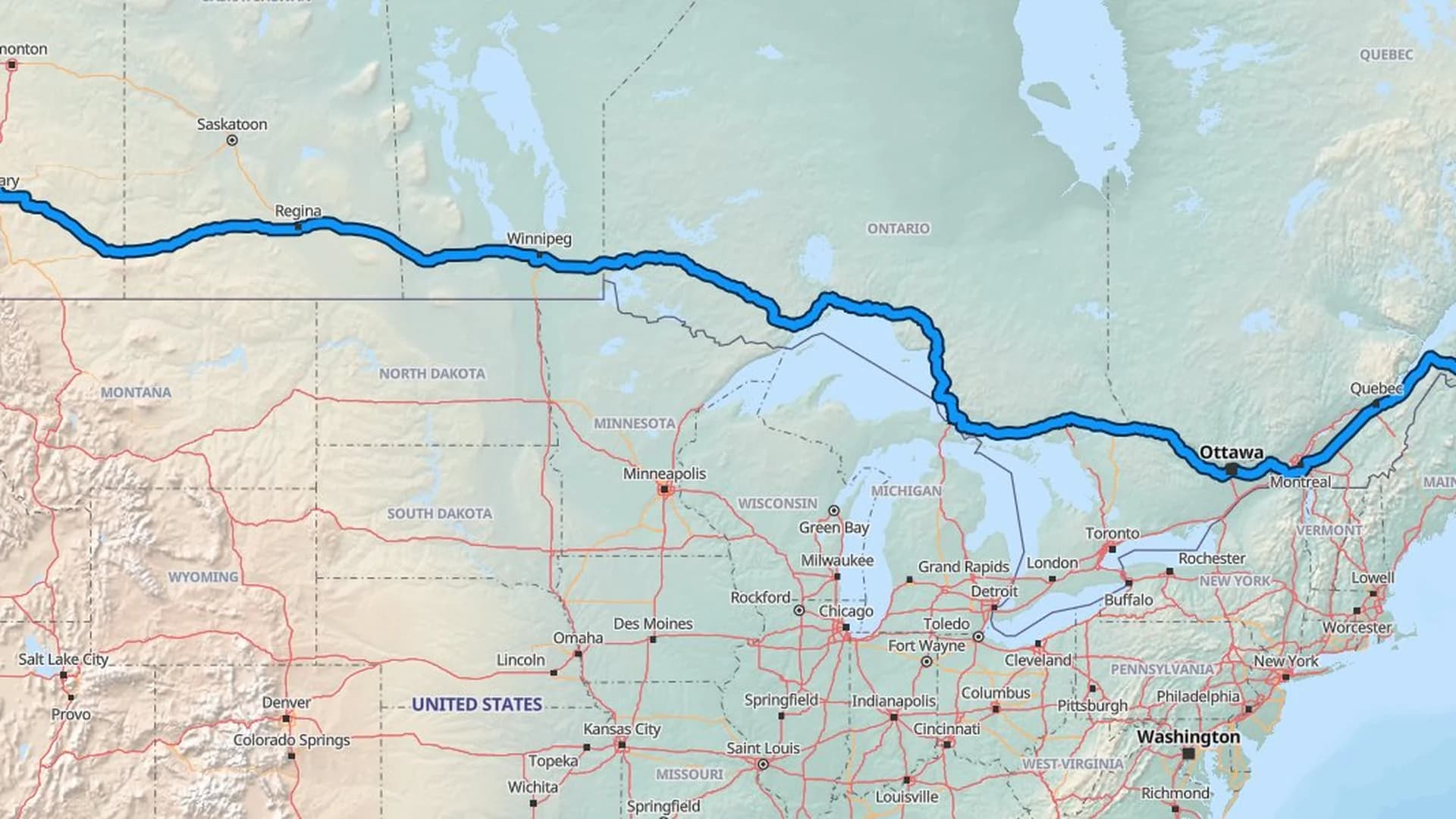 Map showing the Kelowna to Halifax car shipping route across six Canadian provinces