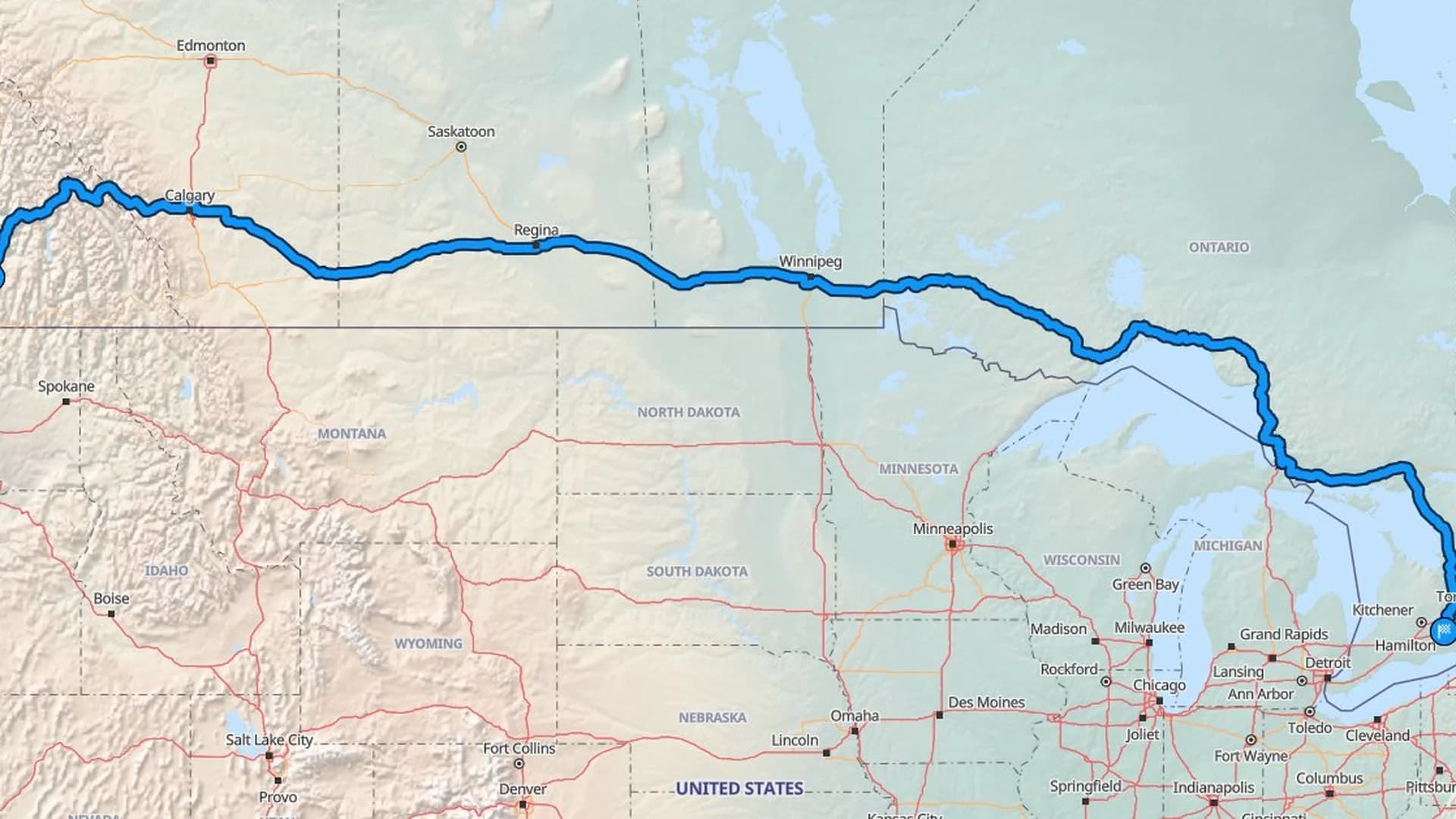 Map showing the Kelowna to Hamilton car shipping route across five Canadian provinces
