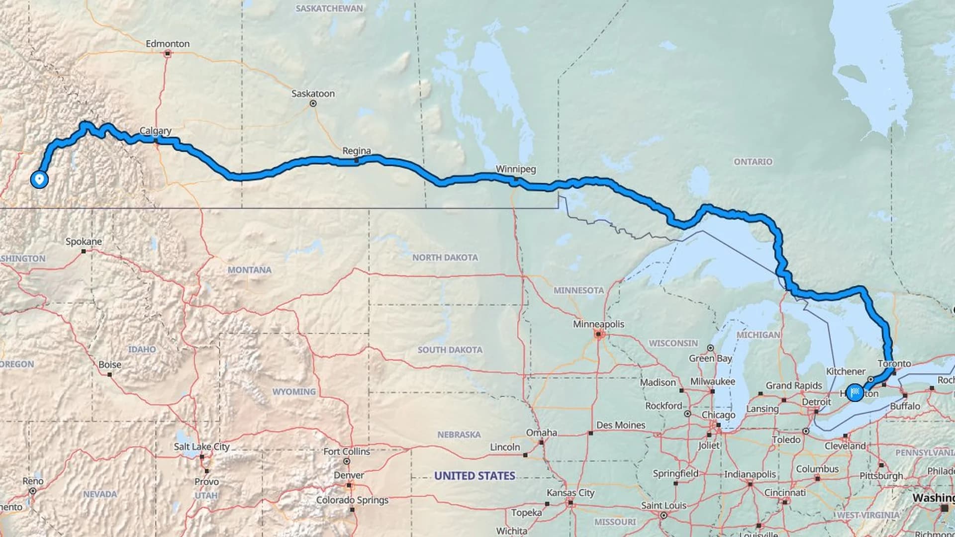 Map showing the Kelowna to London car shipping route across five Canadian provinces