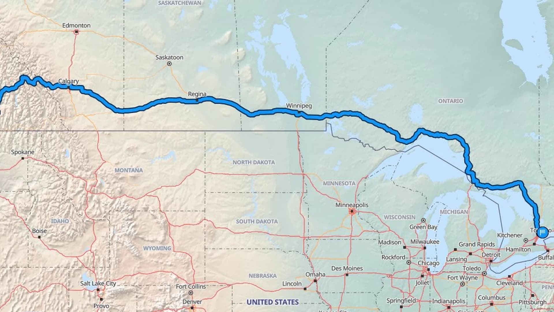 Map showing the Kelowna to Markham car shipping route across four Canadian provinces