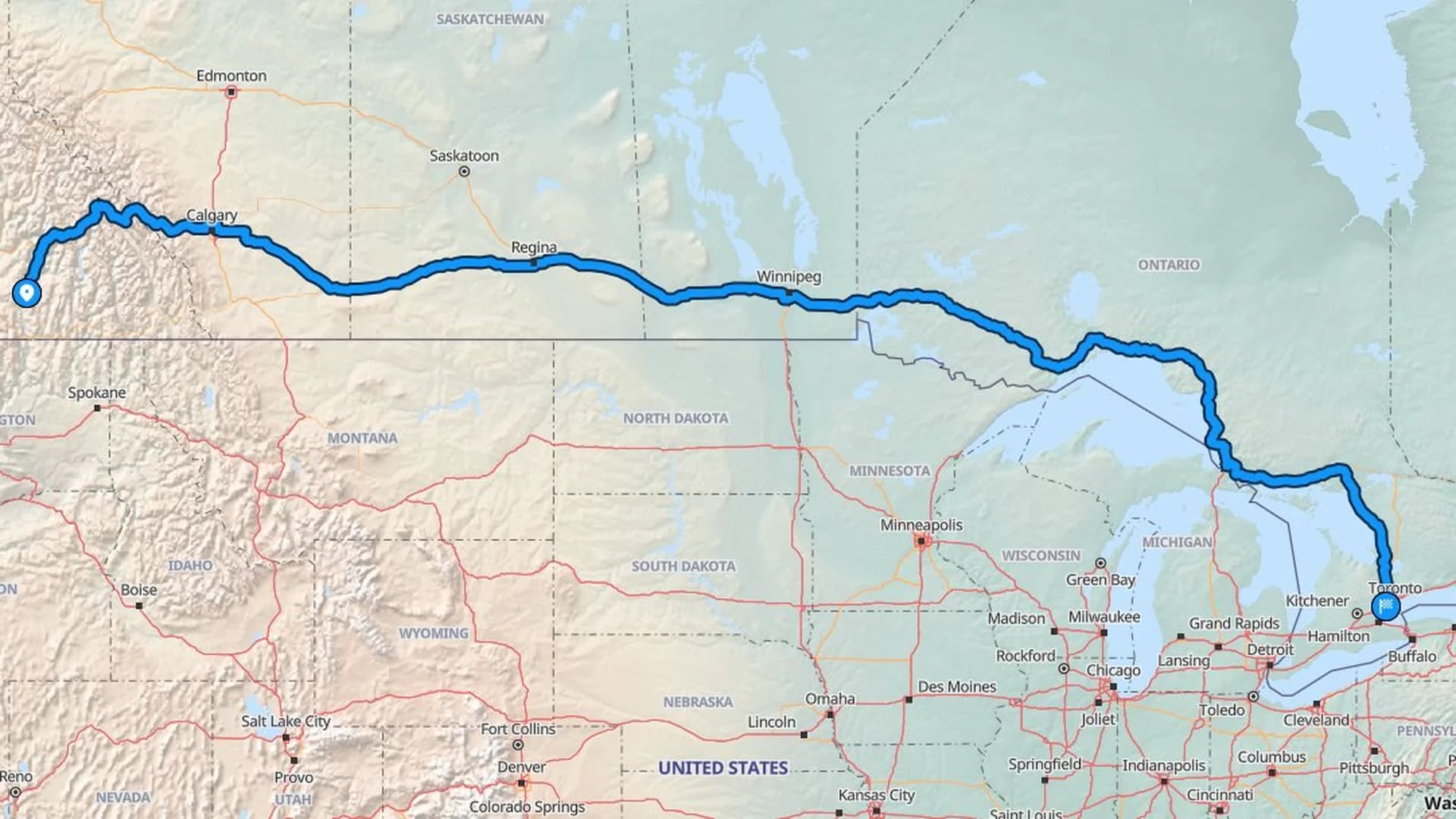 Map showing the Kelowna to Mississauga car shipping route across four Canadian provinces