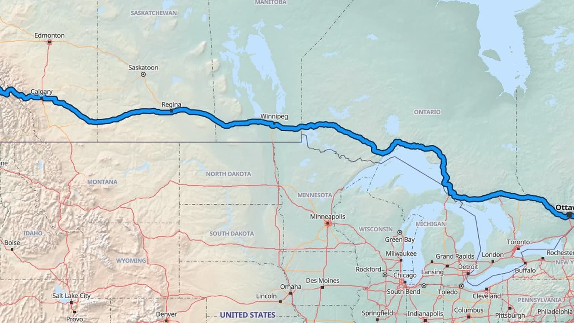 Map showing the Kelowna to Montreal car shipping route across six Canadian provinces