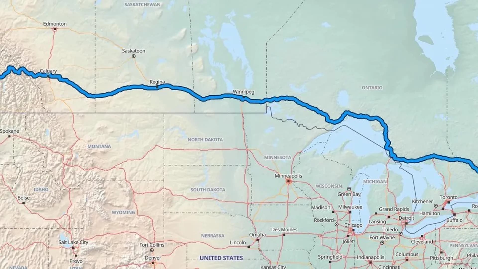 Map showing the Kelowna to Ottawa car shipping route across four Canadian provinces