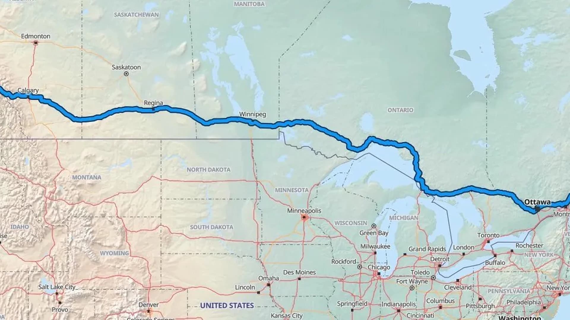 Map showing the Kelowna to Quebec City car shipping route across five Canadian provinces