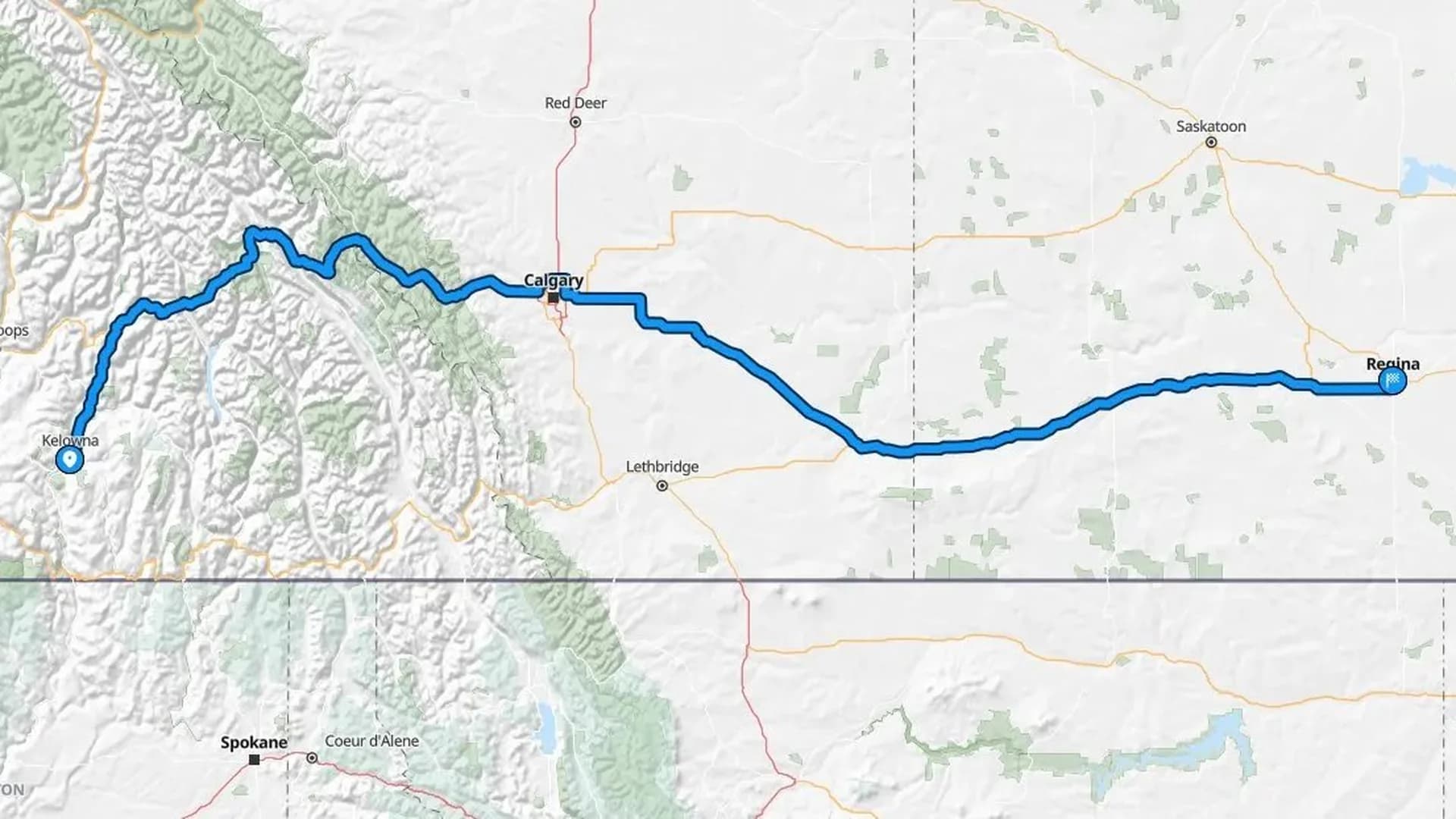 Map showing the Kelowna to Regina car shipping route across BC, Alberta, and Saskatchewan