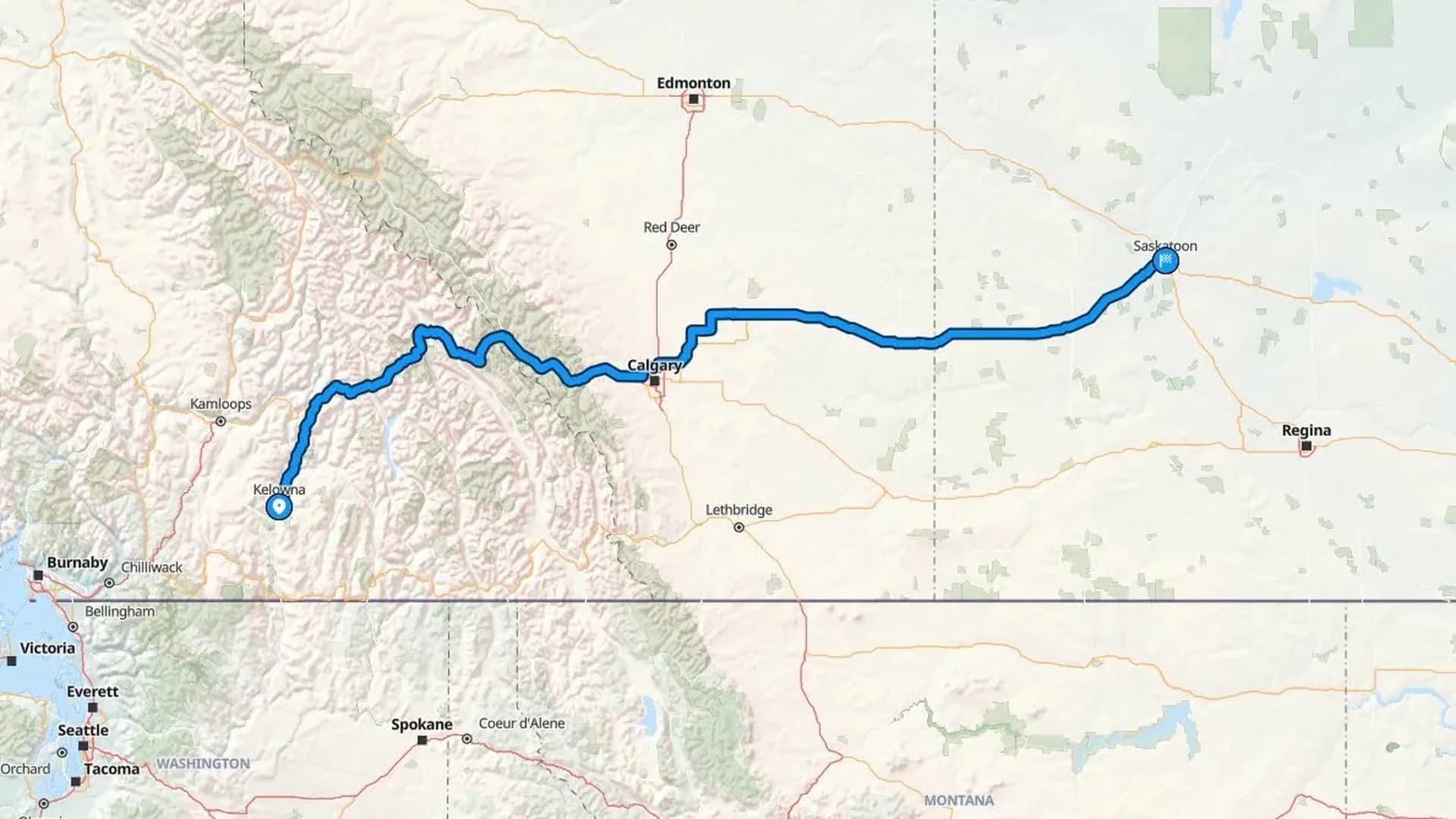 Map showing the Kelowna to Saskatoon car shipping route across BC, Alberta, and Saskatchewan