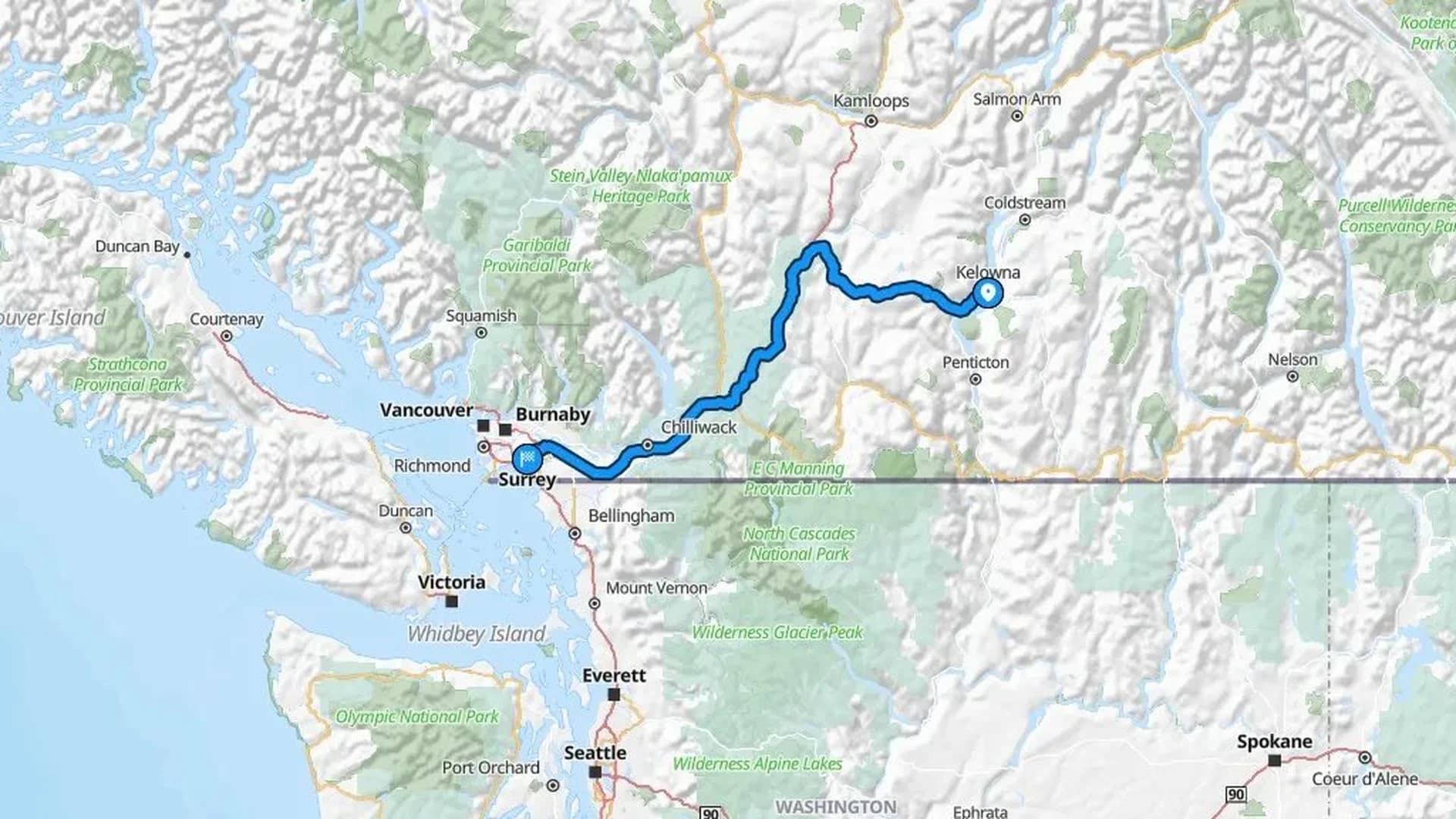Map showing the Kelowna to Surrey car shipping route through the Coquihalla and Fraser Valley