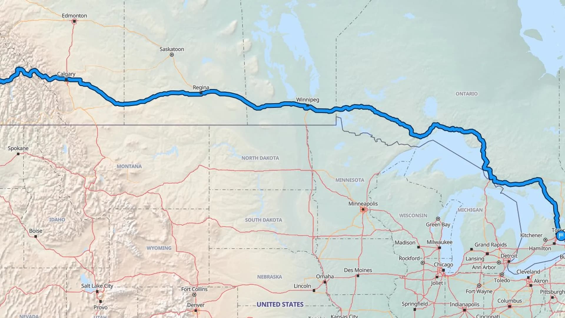 Map showing the Kelowna to Toronto car shipping route across four Canadian provinces