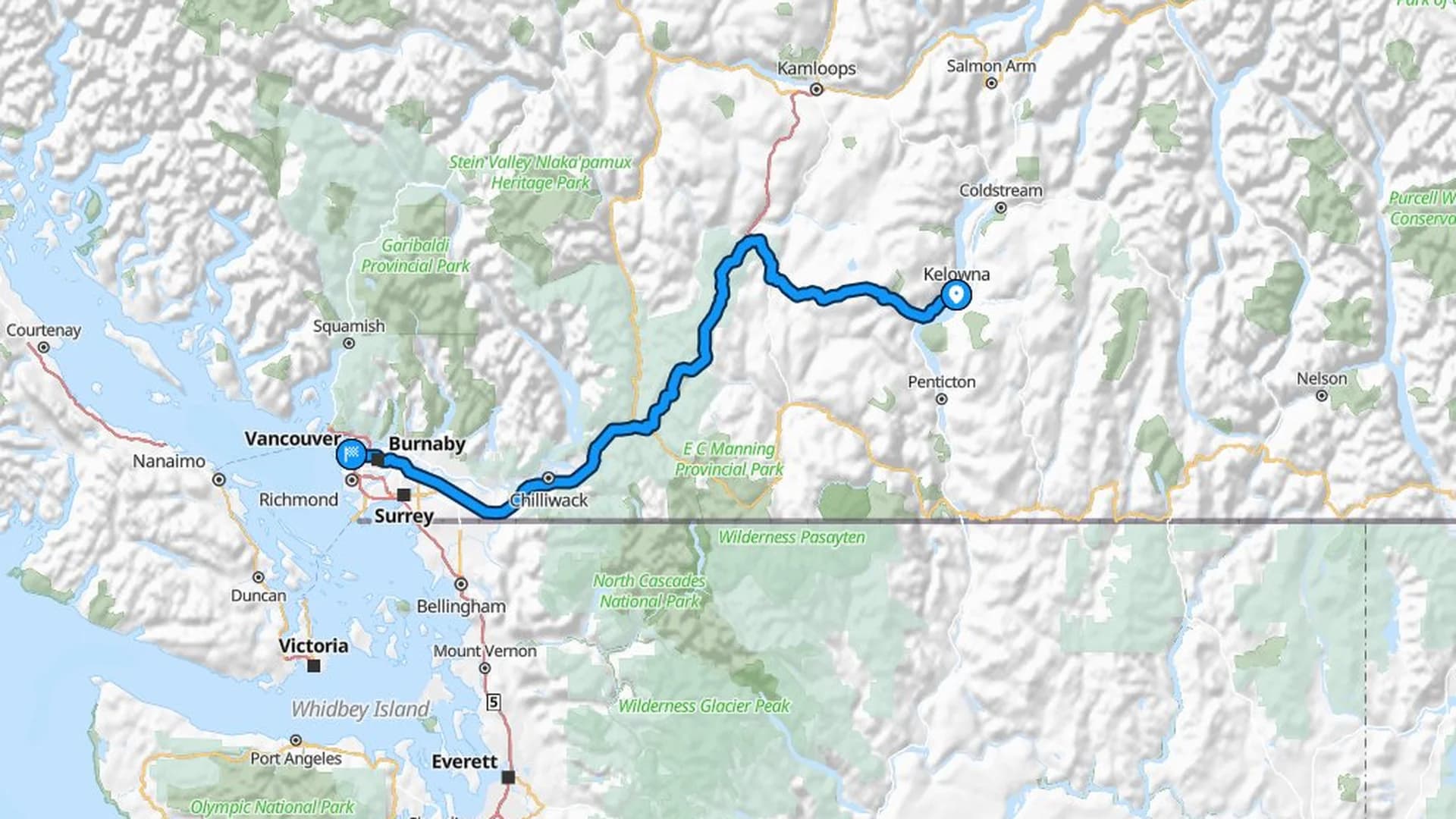 Map showing the Kelowna to Vancouver car shipping route through the Coquihalla and Fraser Valley