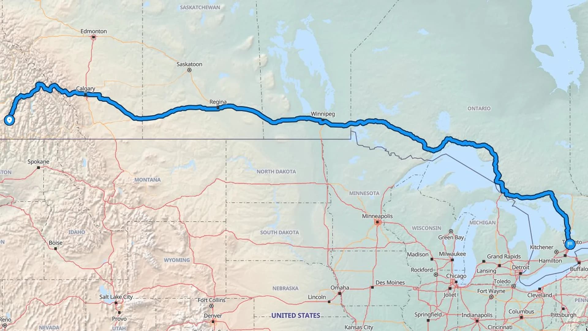 Map showing the Kelowna to Vaughan car shipping route across four Canadian provinces