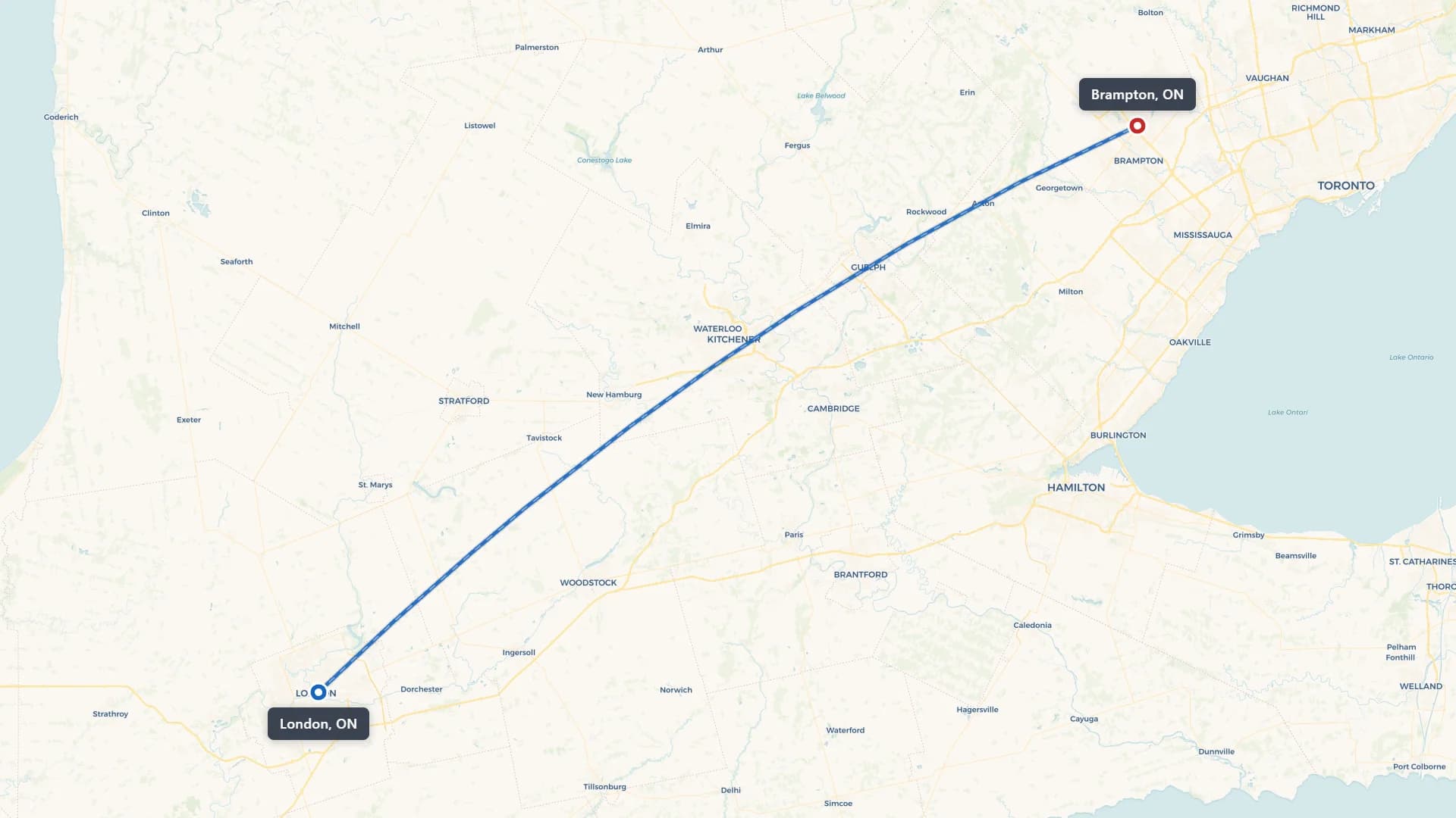 Map showing the London to Brampton car shipping route through Ontario