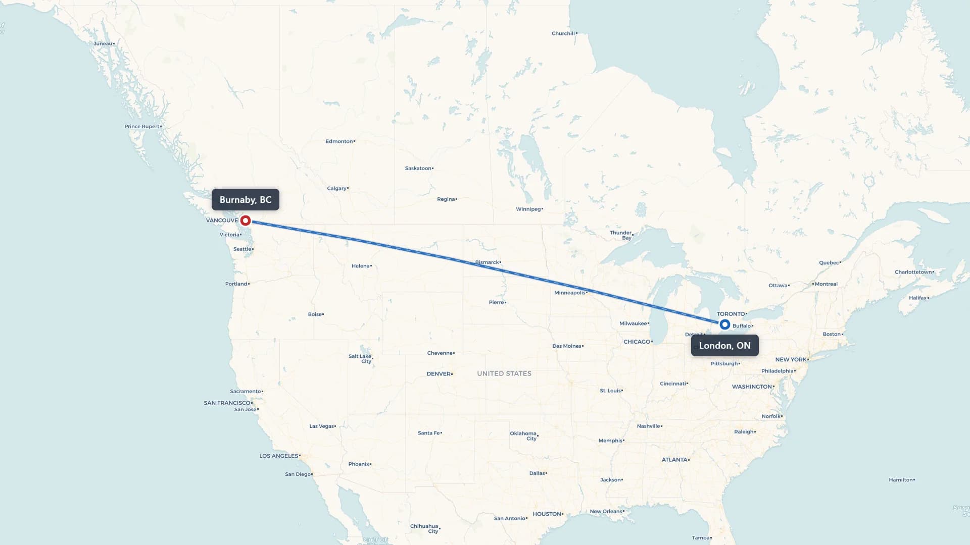 Map showing the London to Burnaby car shipping route across Canada