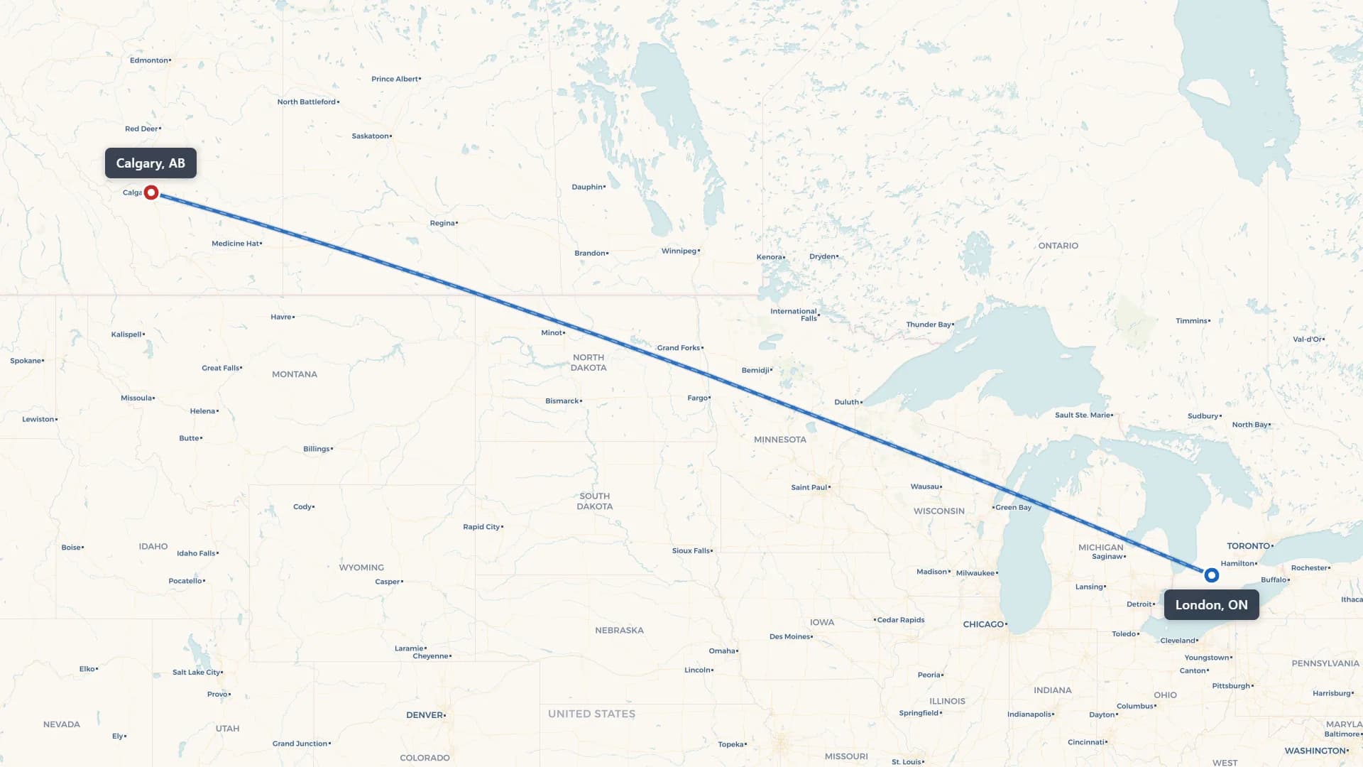 Map showing the London to Calgary car shipping route across Canada