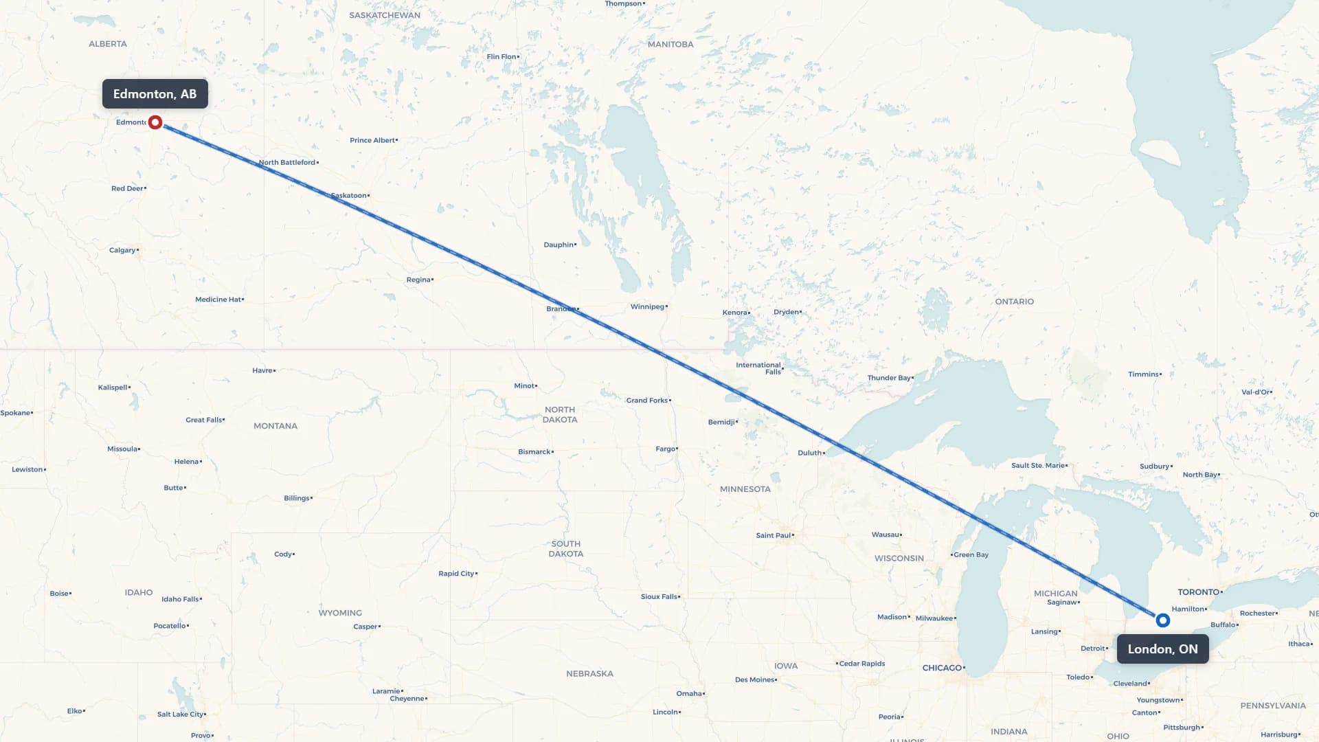 Map showing the London to Edmonton car shipping route across Canada