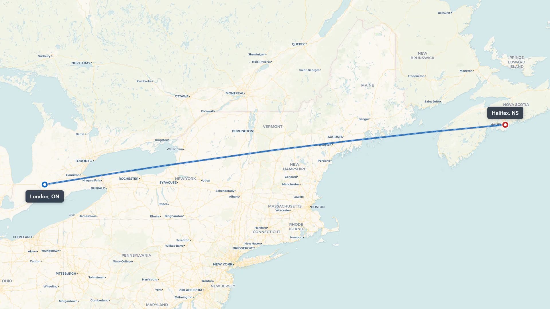 Map showing the London to Halifax car shipping route across Eastern Canada