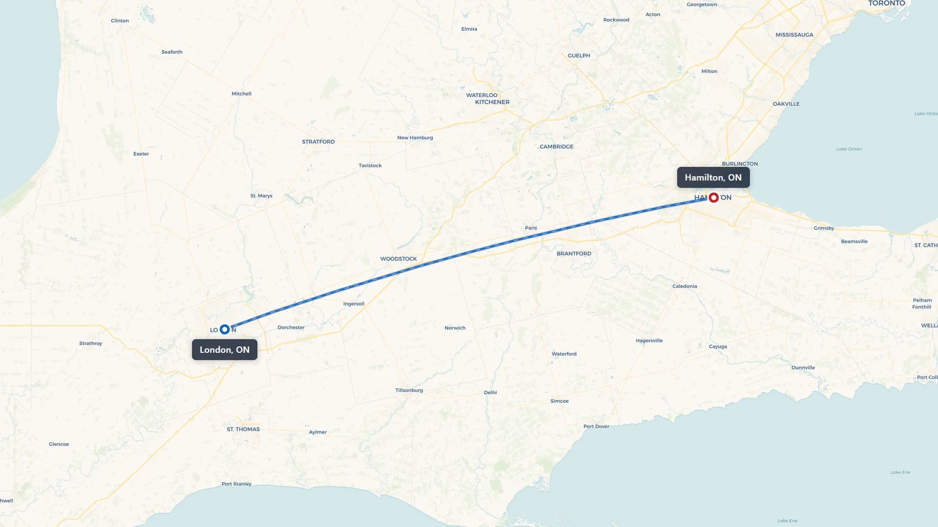 Map showing the London to Hamilton car shipping route through Ontario