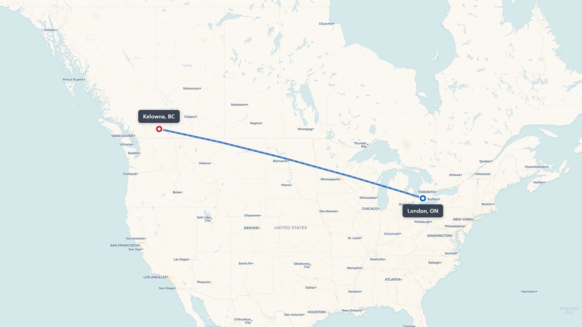 Map showing the London to Kelowna car shipping route across Canada