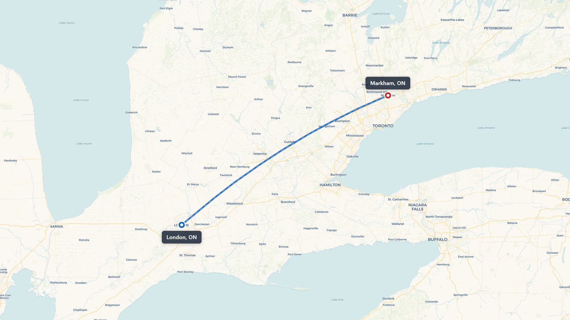Map showing the London to Markham car shipping route through Ontario
